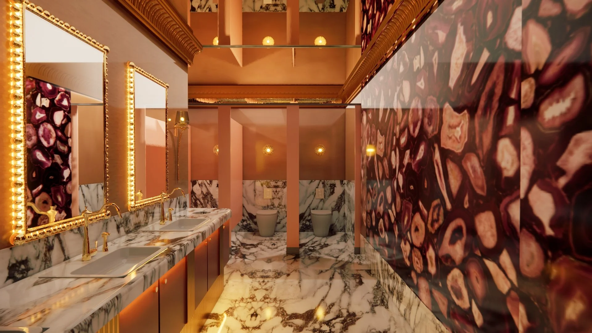 Rendering of a women's restroom for a nightclub currently in development, featuring modern finishes and ambient lighting.