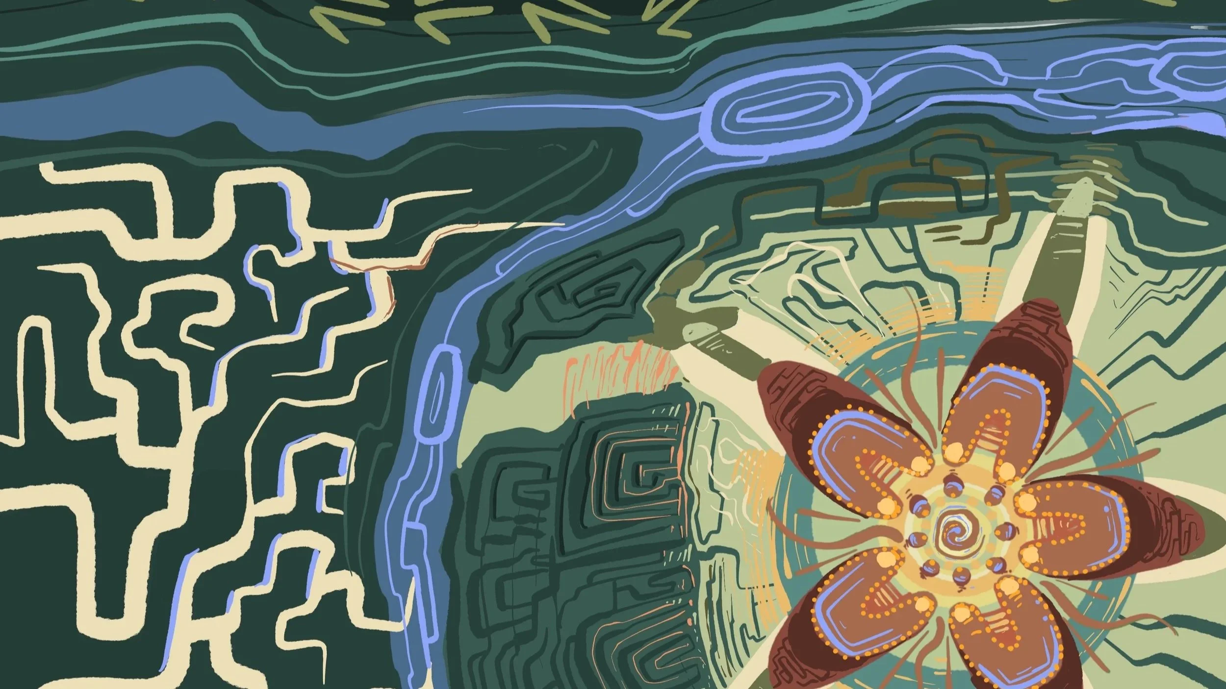 A colorful abstract digital illustration depicting a butterfly and a maze-like pattern with flowing lines and vibrant colors.