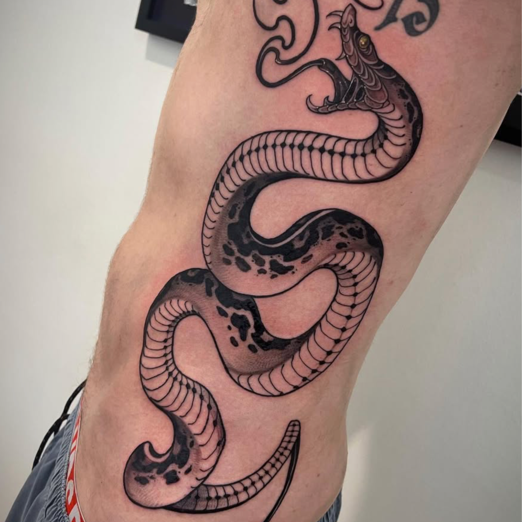 Detailed black and gray tattoo of a snake with its body coiled around a person's arm.