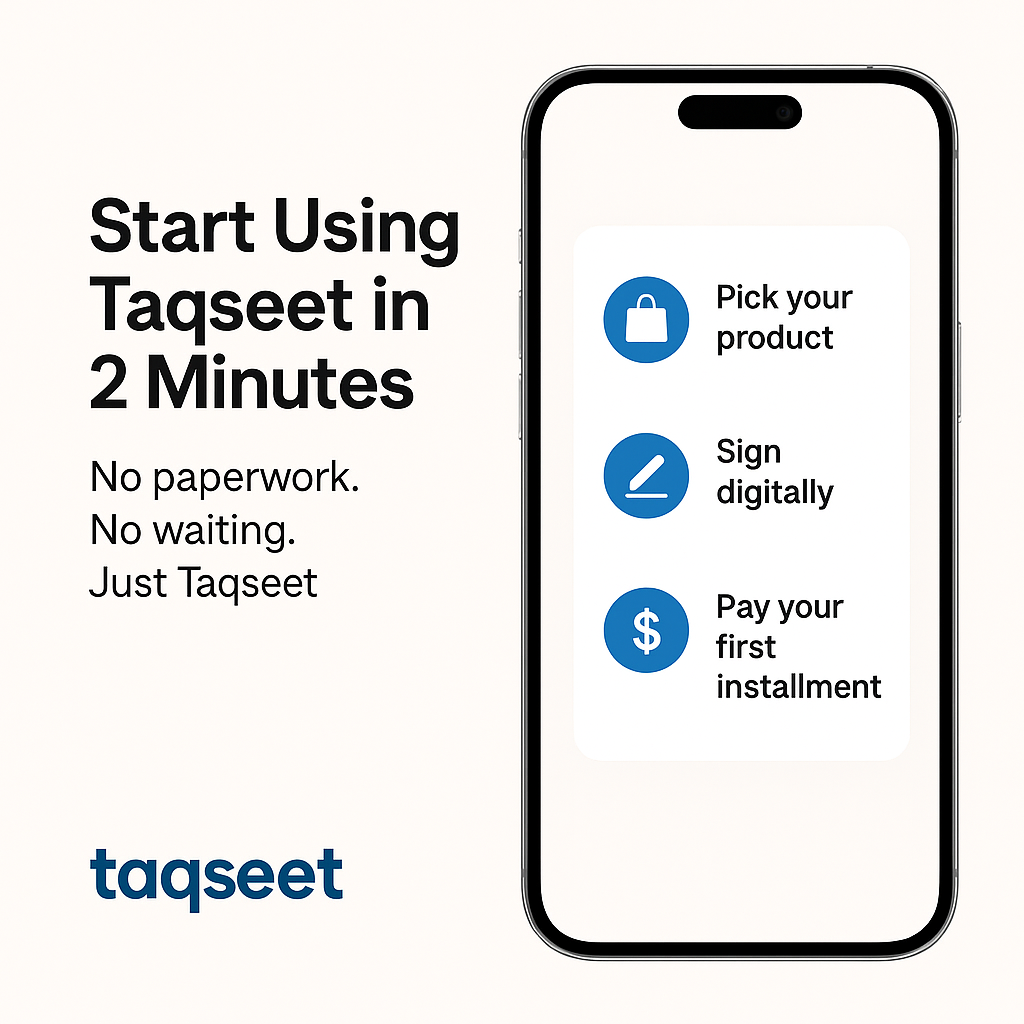 A promotional graphic for Tacseet showing a smartphone screen with three icons: a shopping bag, a signature, and a dollar sign, with step-by-step instructions for using the service. The text on the graphic reads: 'Start Using Tacseet in 2 Minutes. No paperwork. No waiting. Just Tacseet.' The Tacseet logo is at the bottom in blue.
