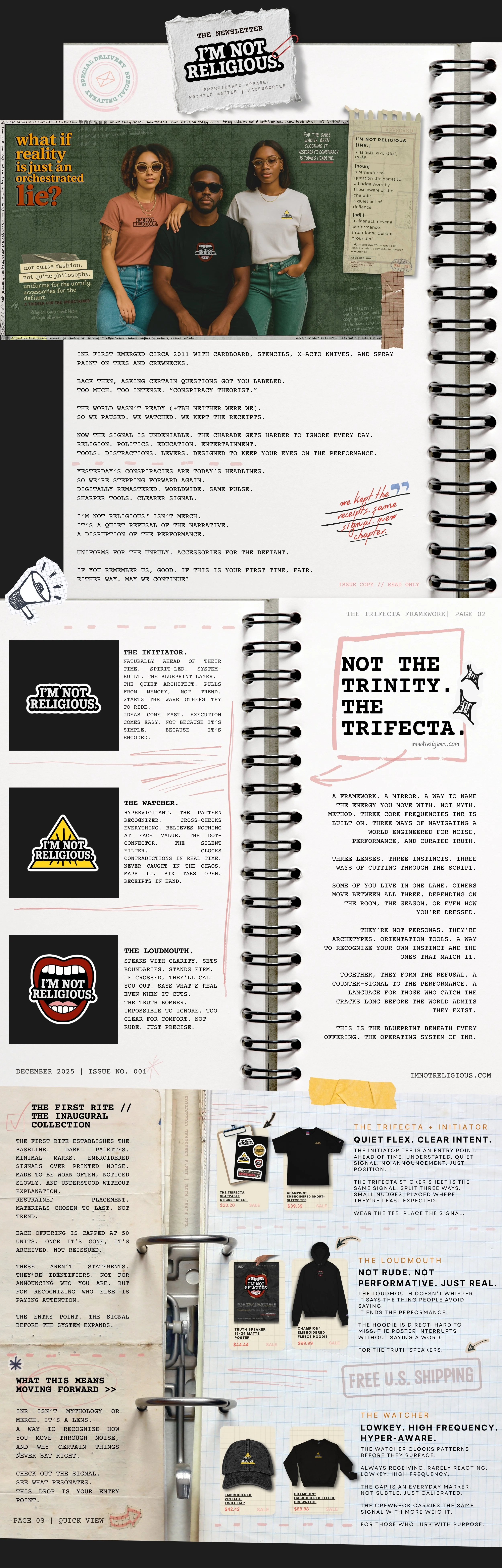 I’m Not Religious (INR.) Notebook Issue 001 infographic featuring the Trifecta framework and First Rite drop