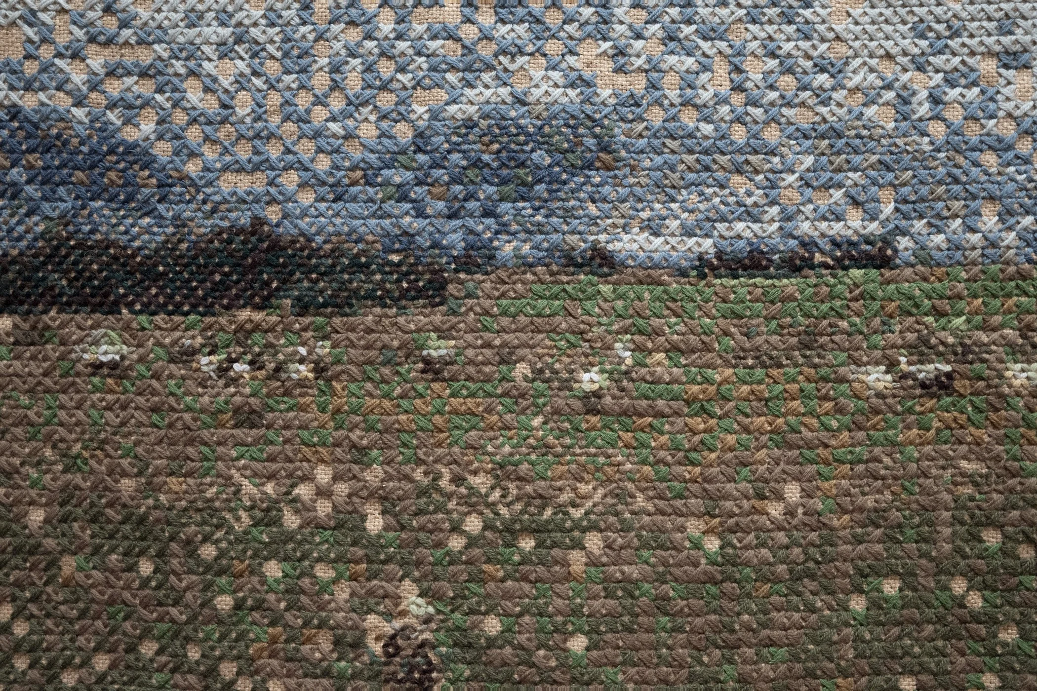 Improvement (production). 2026. (Details).
Jute hessian fabric, wool, hand-formed papa clay, aluminium tube, jute twine.
120 x 130 cm.
Photo: Shaun Matthews.