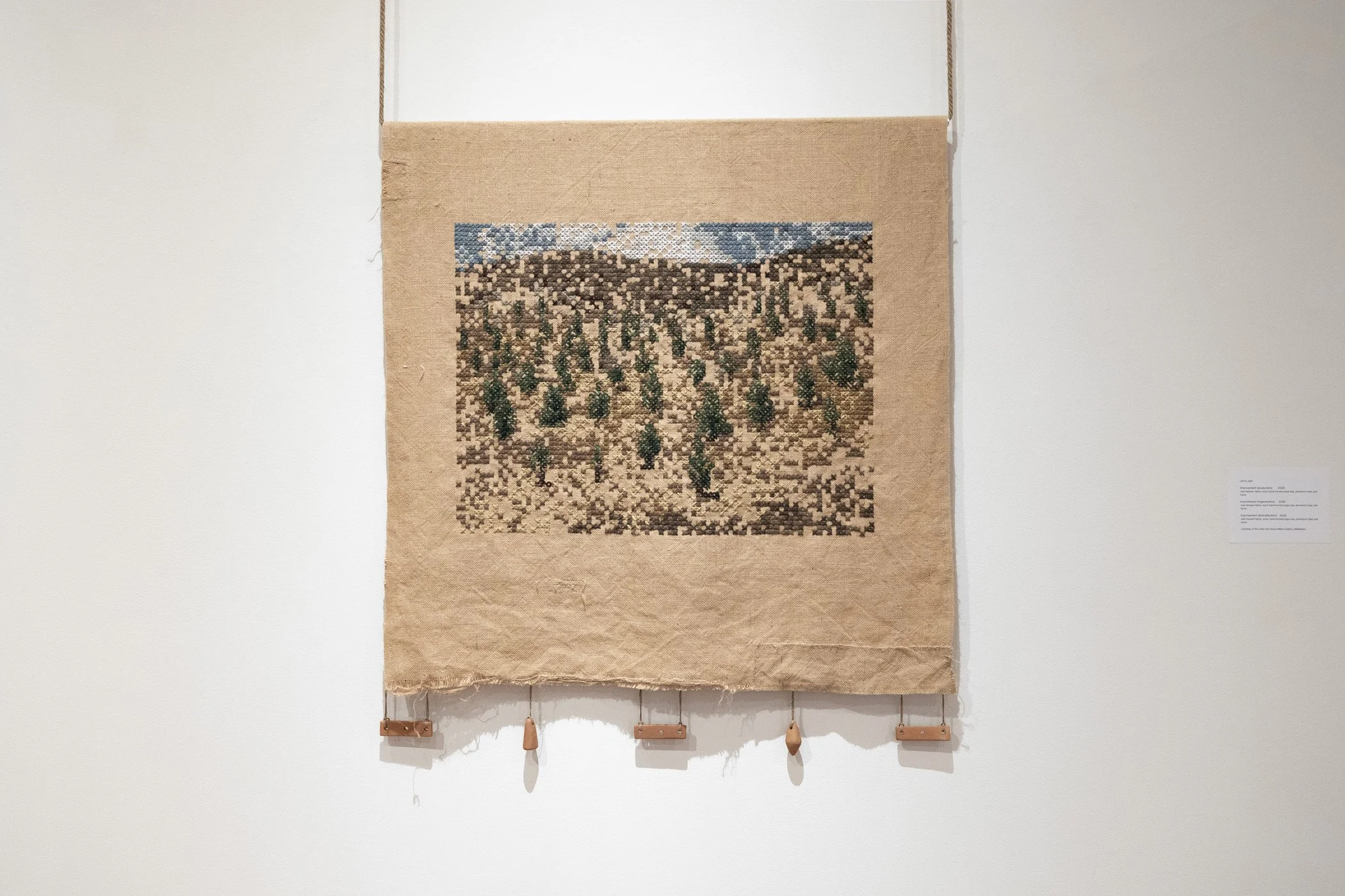 Improvement (diversification). 2026.
Jute hessian fabric, wool, hand-formed papa clay, aluminium tube, jute twine.
120 x 130 cm.
Photo: Shaun Matthews.