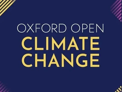 Oxford Open Climate Change event banner with a dark blue background, featuring purple and gold diagonal accents and white and gold text.