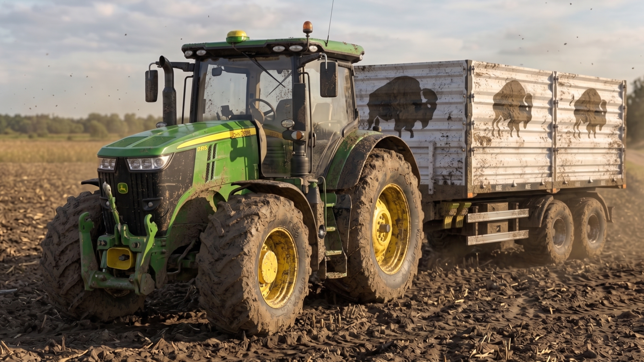 Agricultural trailer designed by Aege Design & Engineering, shown working in a farm field with a tractor.