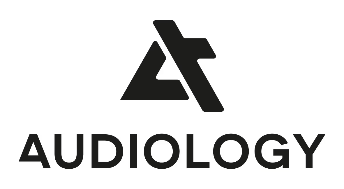 Black logo with a geometric icon and the word 'AUDIOLOGY' beneath it