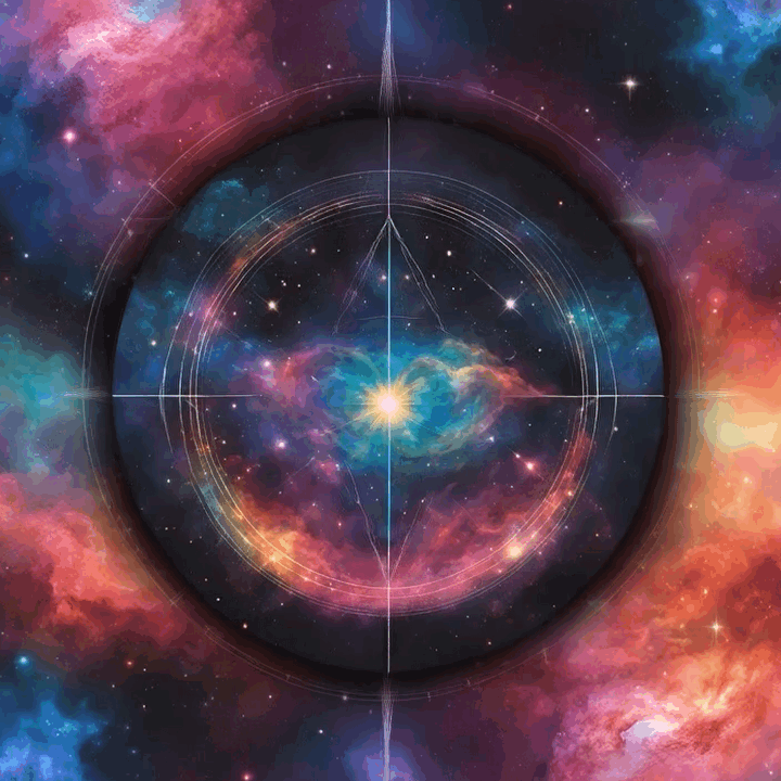 A vibrant, colorful depiction of outer space featuring a central bright star, surrounding nebula clouds, and geometric circular patterns overlaid, with a cosmic background of stars and nebulae in shades of pink, blue, and orange.