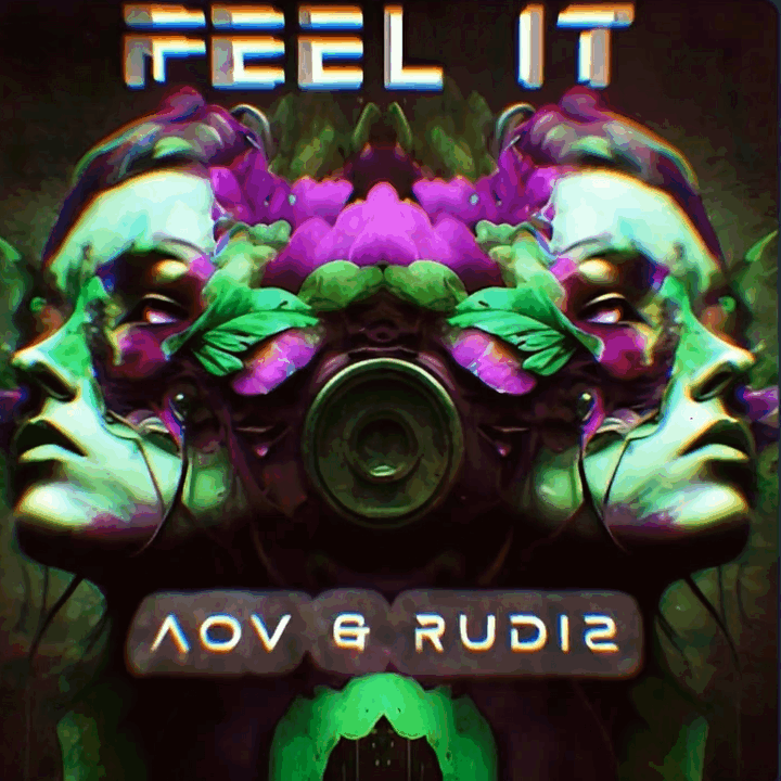 Digital artwork of two mirrored faces, one on each side, surrounding a central speaker with pink and purple flowers, green leaves, and neon text that reads 'FEEL IT'.
