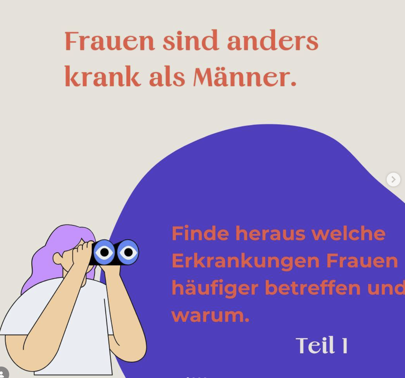 A cartoon woman with purple hair looking through binoculars against a beige and purple background. Text in German and English about women's health and illnesses.
