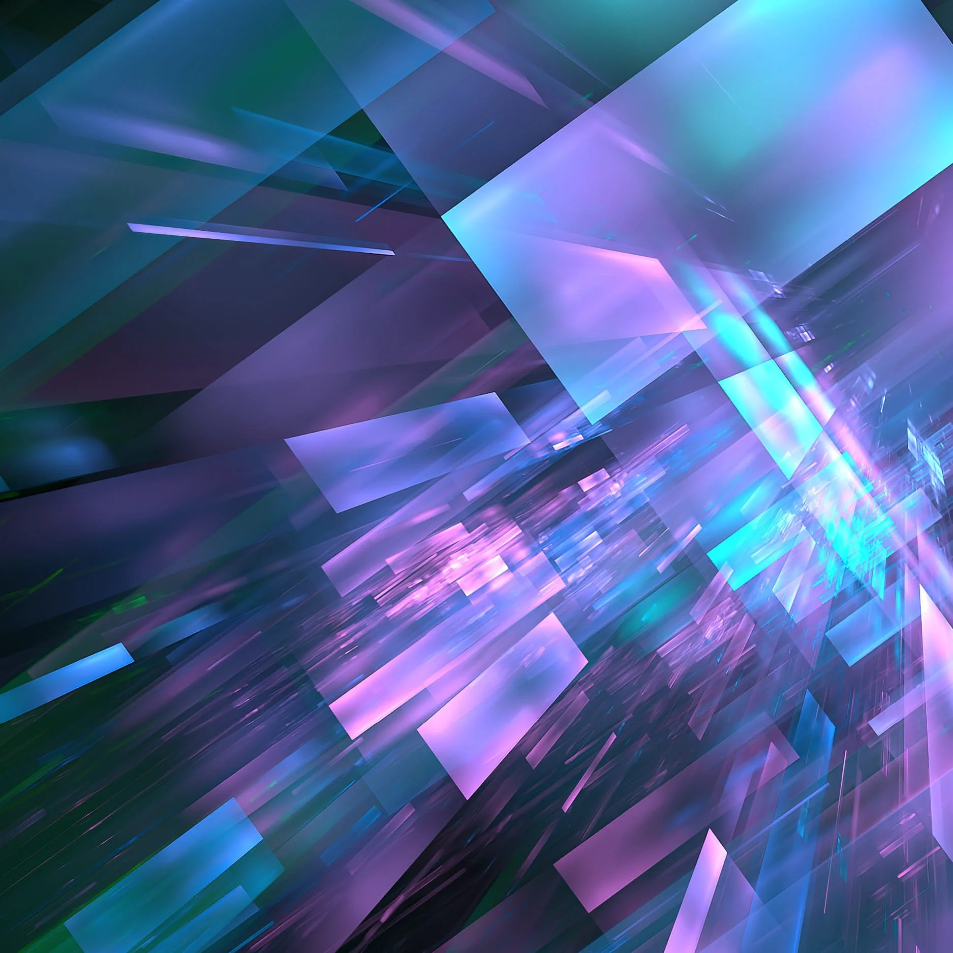 Abstract digital artwork with glowing, overlapping rectangular shapes in shades of purple, blue, and green.