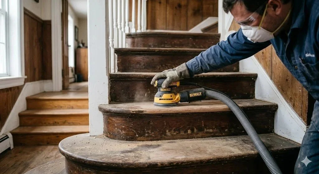 ponçage d'un escalier avec ponceuse électrique portative