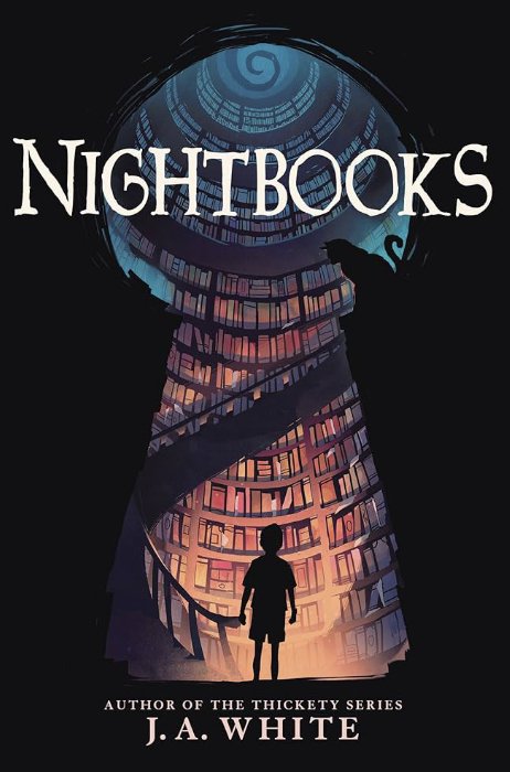 Cover for Nightbooks by J.A. White. A silhouette of a boy standing in front of a library. The image is in the shape of a keyhole.