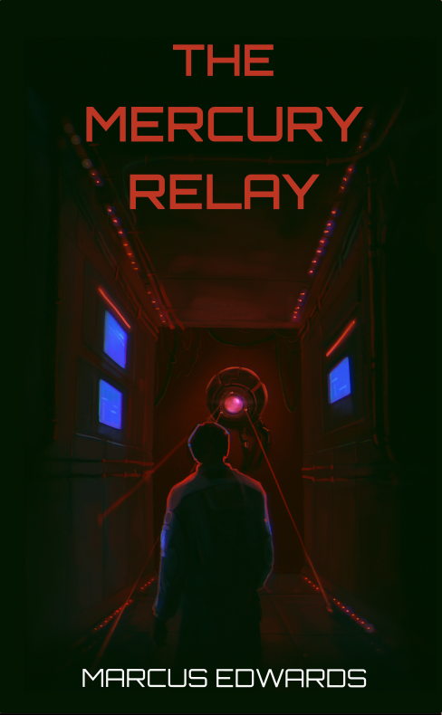 Cover for The Mercury Relay by Marcus Edwards, featuring a man standing in front of a glowing red robot sphere.