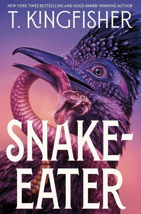 Cover for Snake-Eater by T. Kingfisher. A roadrunner with a snake in its mouth.