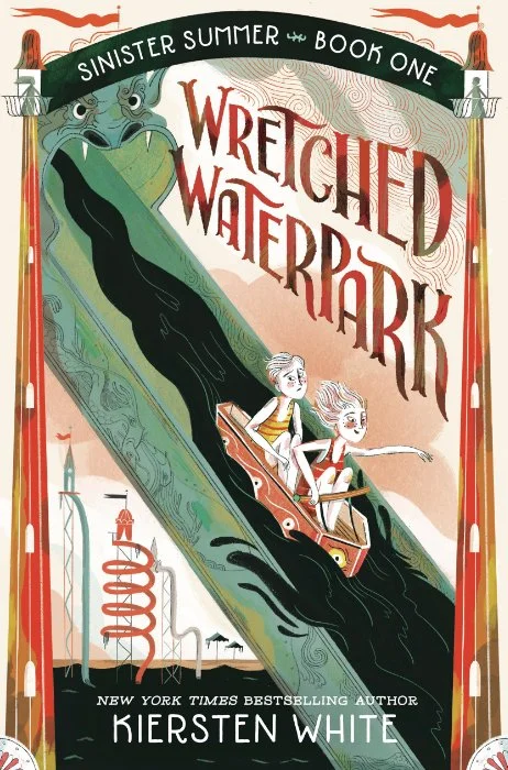 Cover for Wretched Waterpark by Kiersten White. Two children on a boat going down a water slide; the water is black.