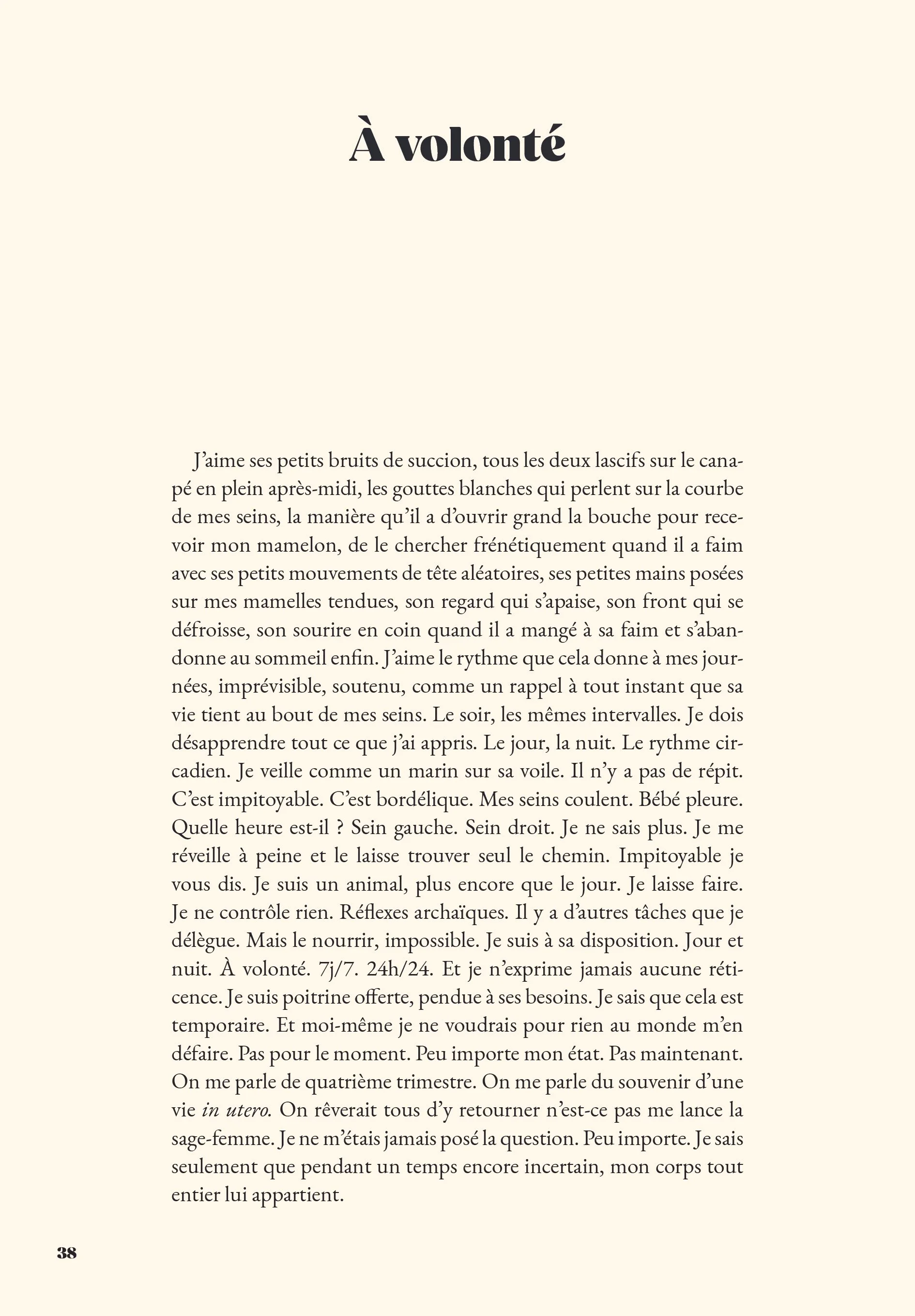 Page de texte en français avec le titre 'À volonté' en haut et un paragraphe détaillé en dessous, numéro de page 38 en bas à gauche.