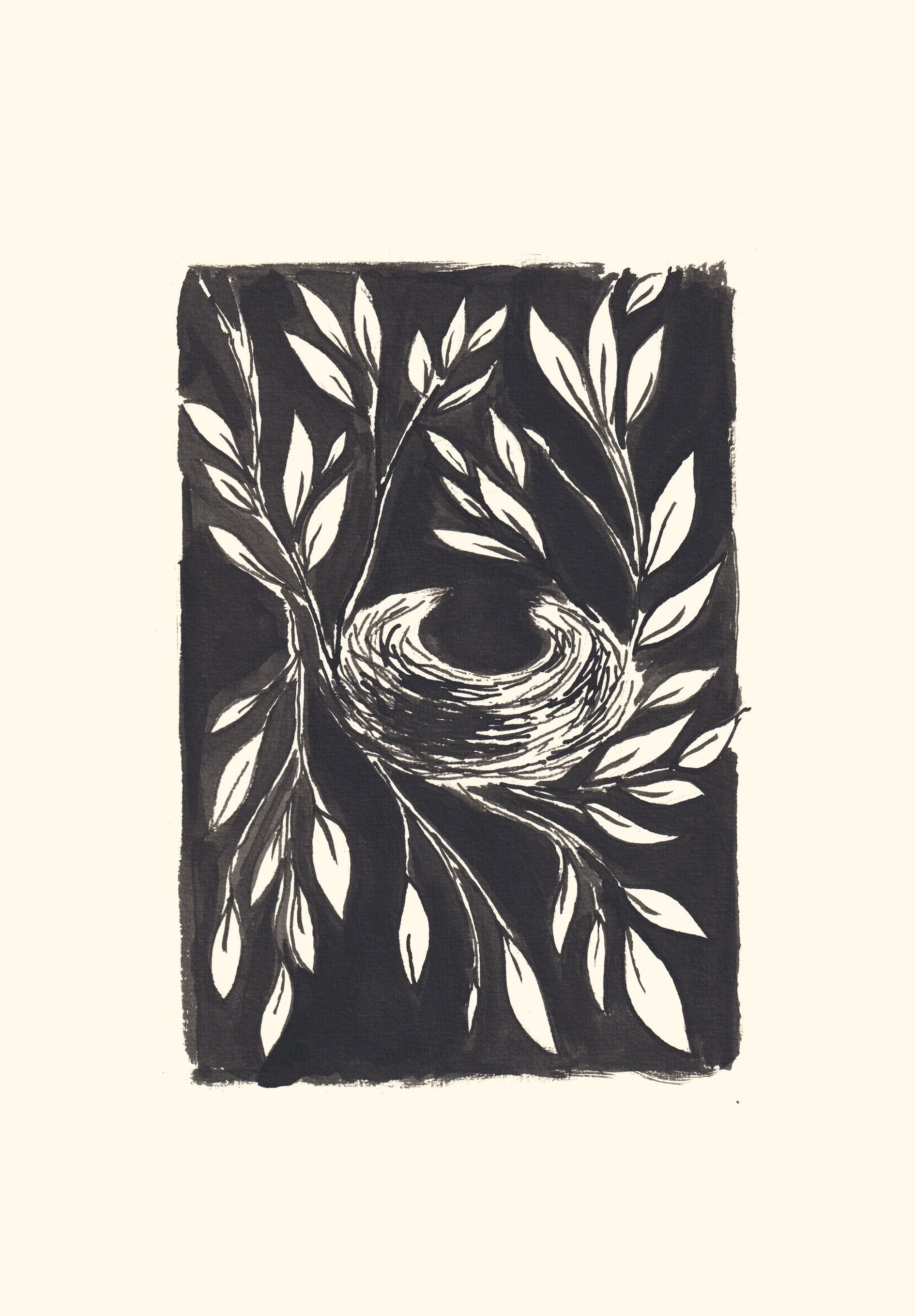 Illustration en noir et blanc d'un nid entouré de branches avec des feuilles, dans un style graphique artistique.