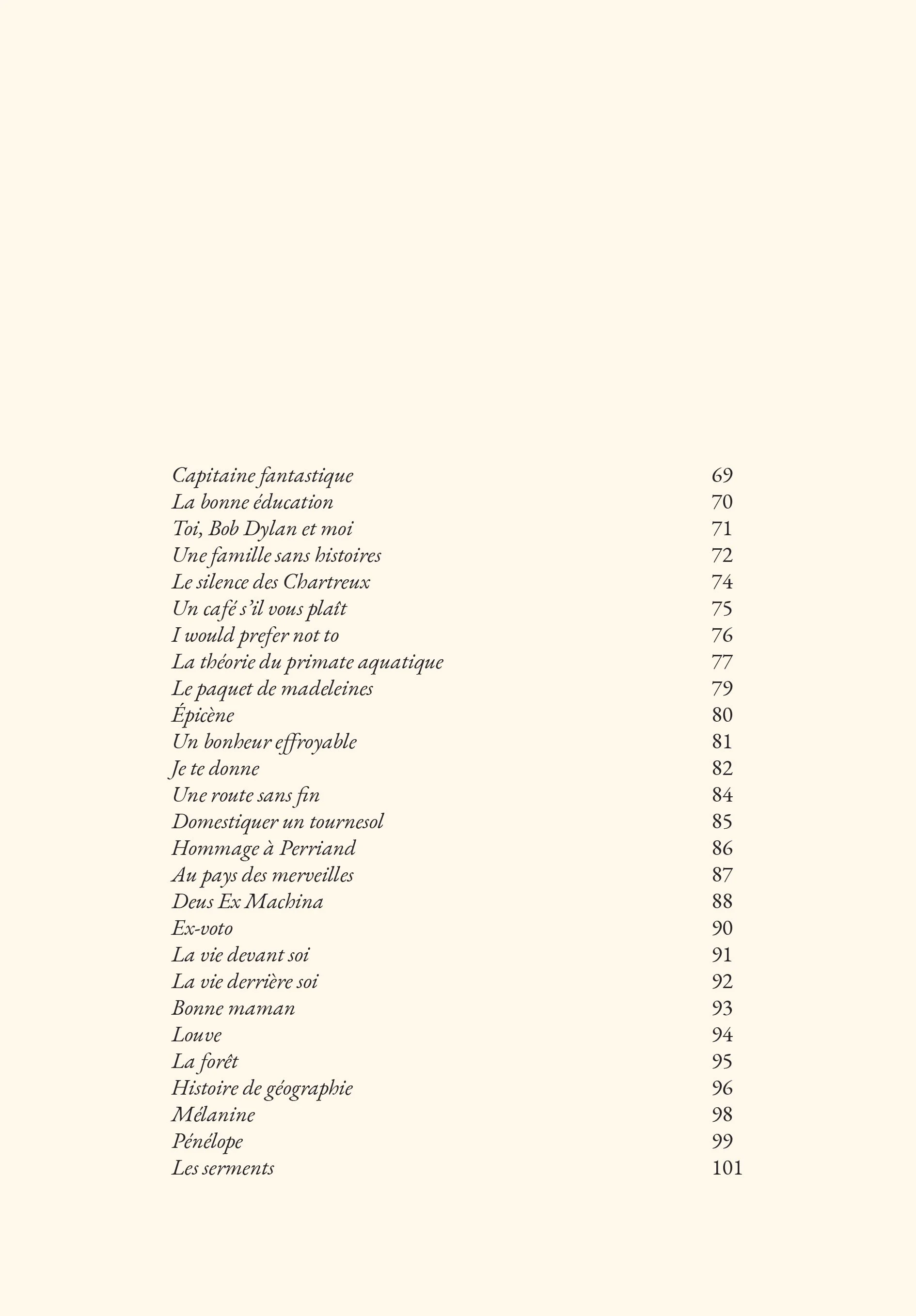 Page de sommaire avec titres et numéros de pages pour un livre, en français, listant divers sujets comme la famille, la nature, la géographie, et les citations.