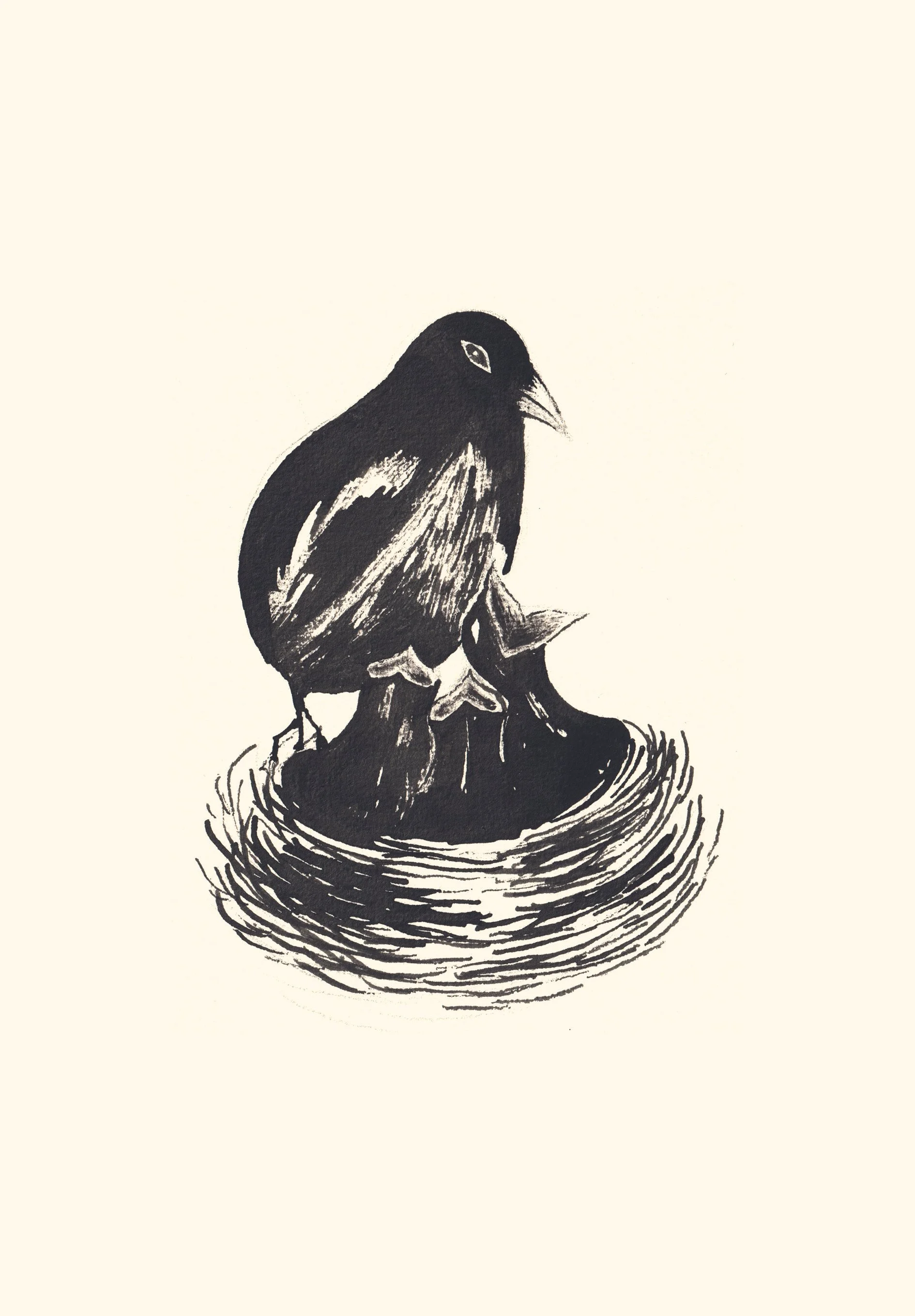 Dessin en noir et blanc d'un rossignol posé sur un tronc d'arbre, avec un nid en dessous.
