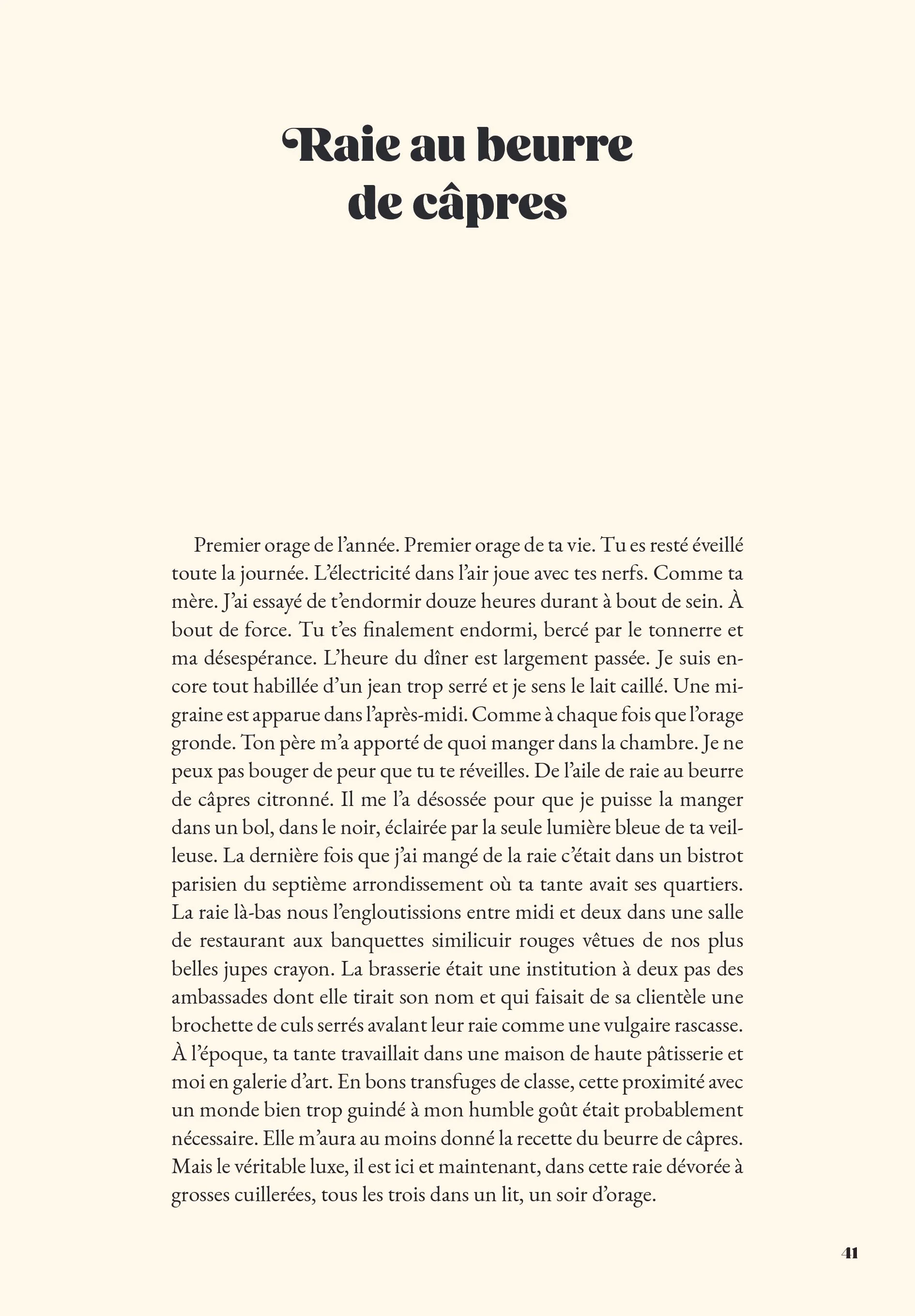Page de livre avec texte en français, titre 'Raie au beurre de câpres', paragraphe détaillé. Numéro de page : 41.