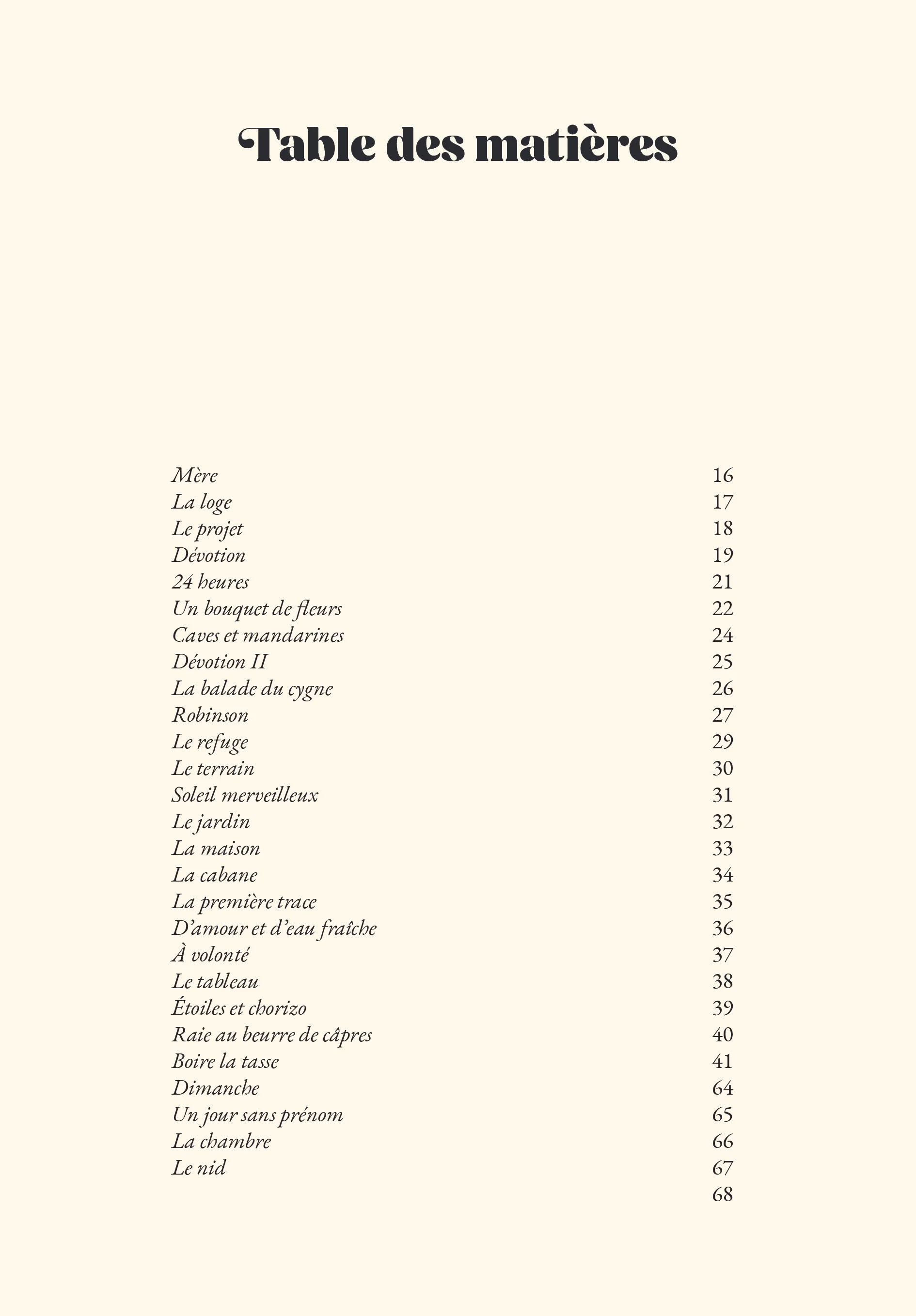 Page d'une table des matières pour un livre, listant des chapitres avec leur numéro de page, en français.