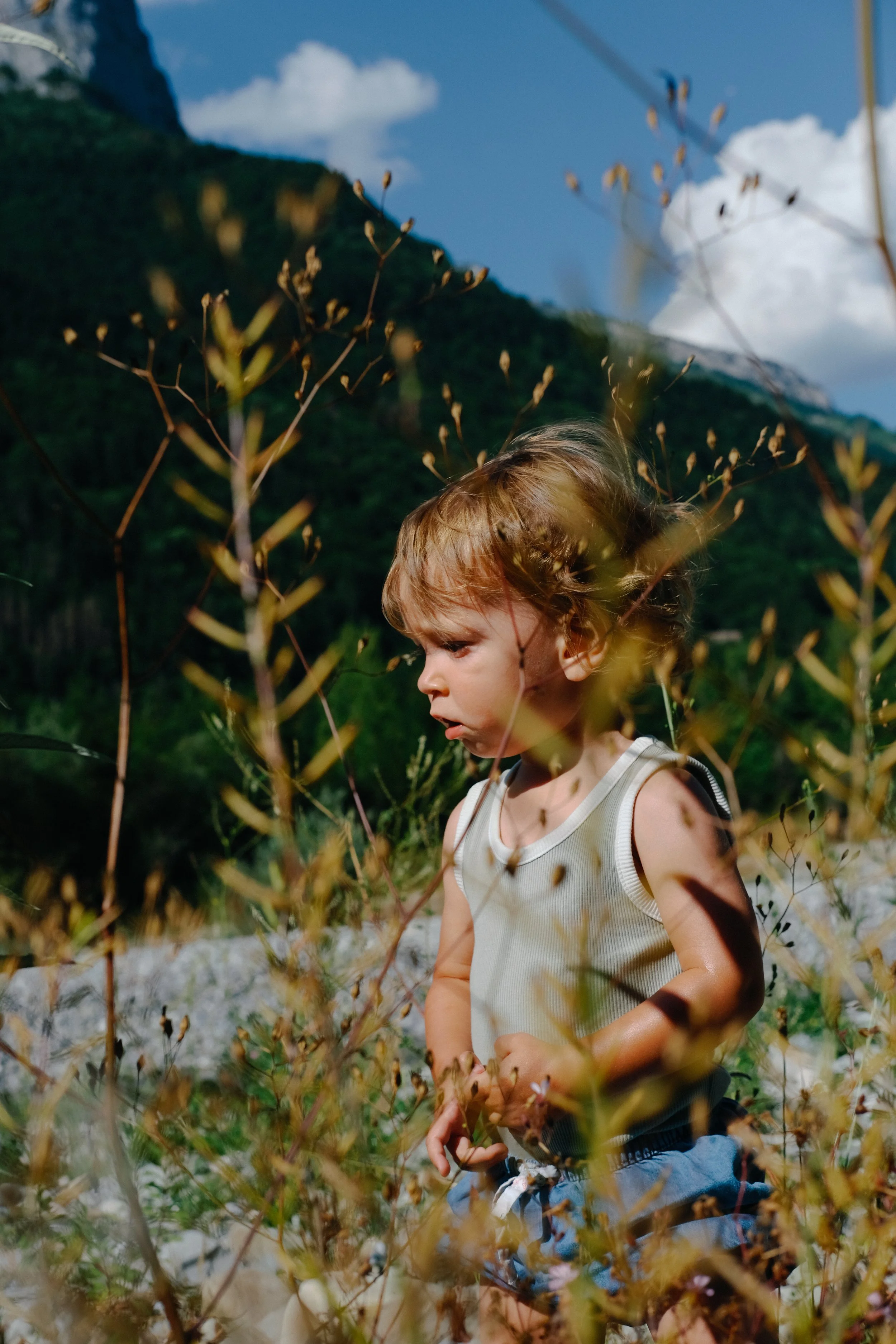Un petit garçon blond portant un débardeur beige et un short bleu, marchant dans une nature verdoyante avec des montagnes en arrière-plan, entouré de plantes et d'arbustes.