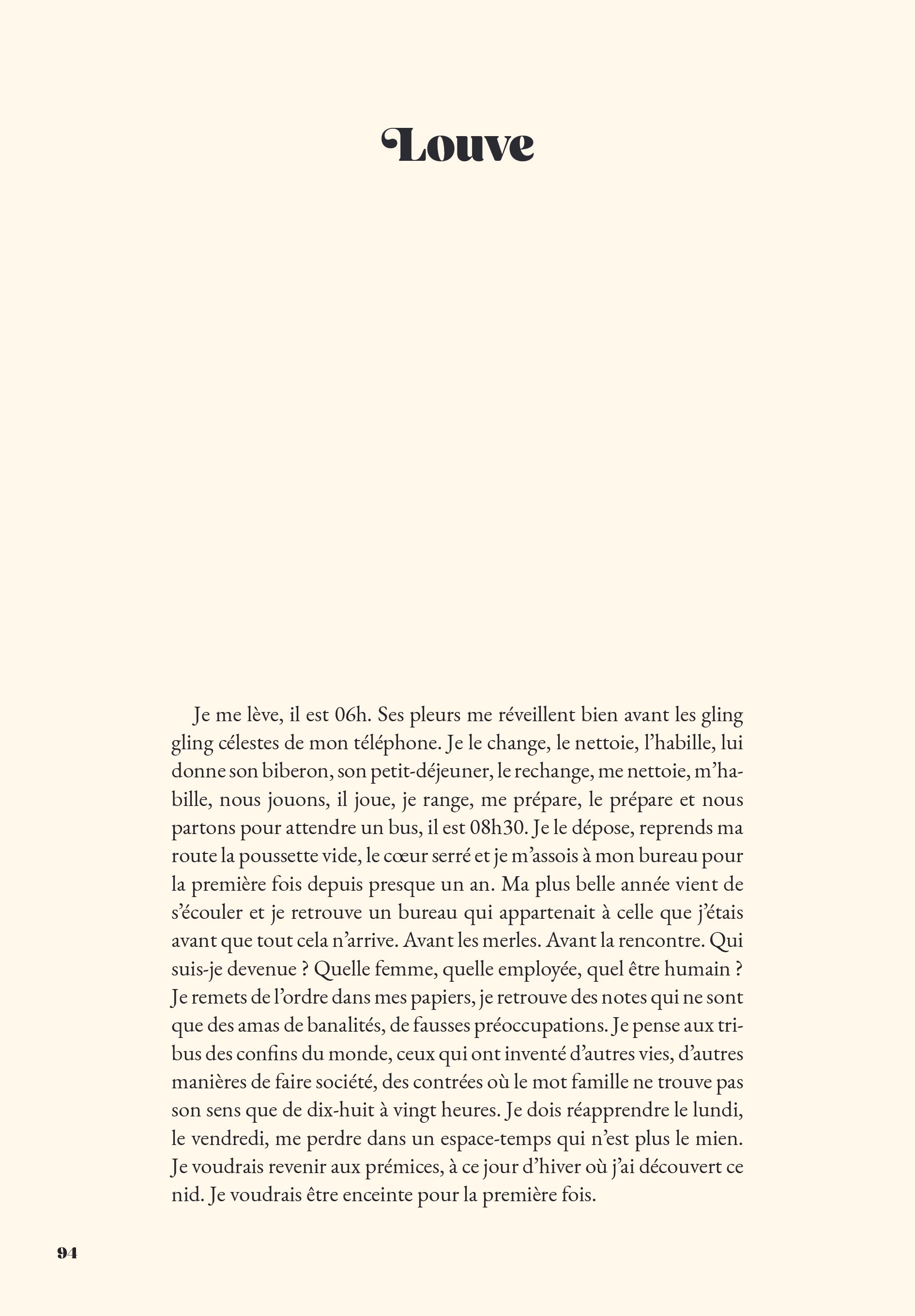Page d'un livre avec un titre 'Louve' en haut et texte en français d'une narration ou d'un récit, avec le numéro de page 94 en bas à gauche.
