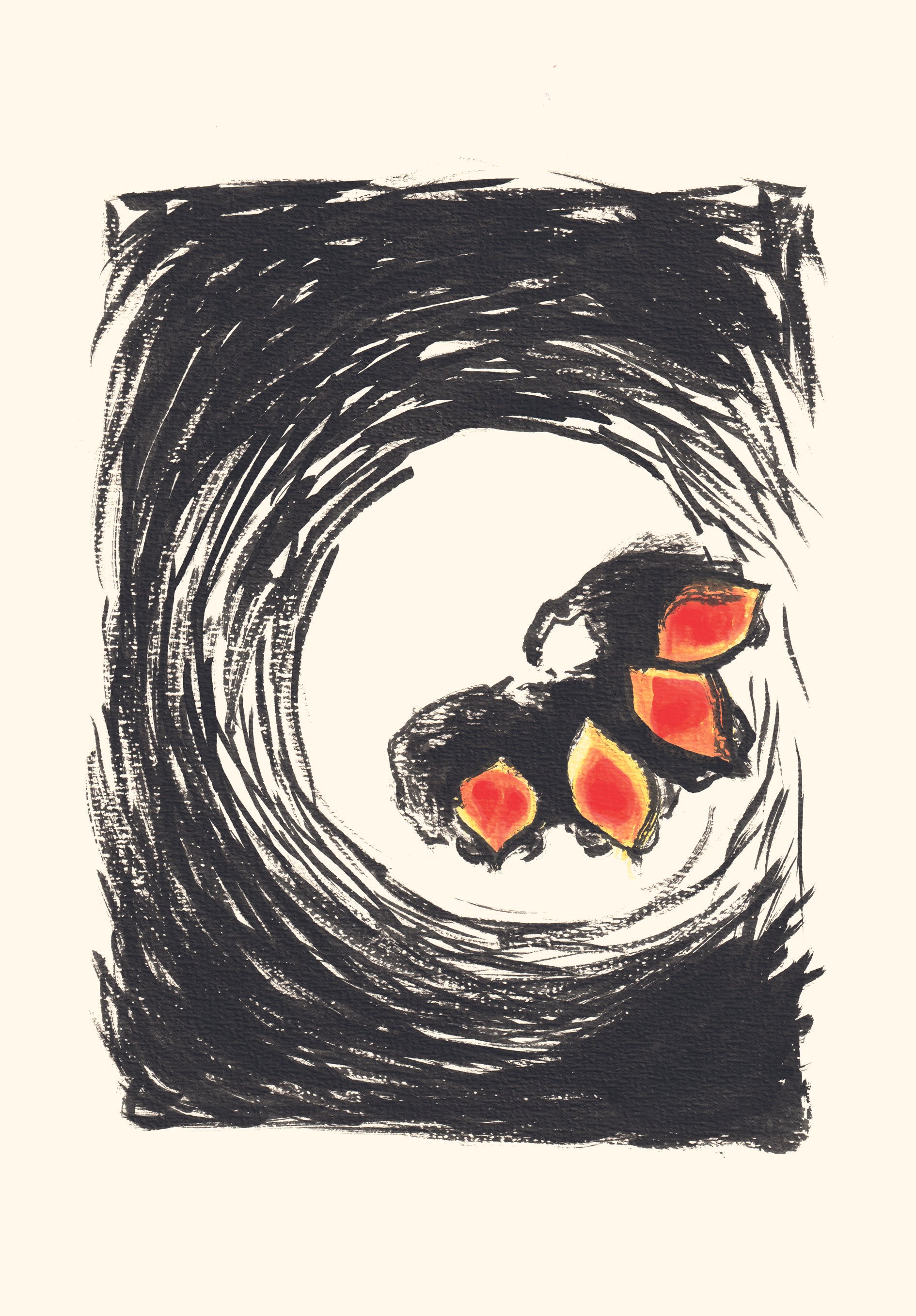 Une illustration abstraite représentant un oiseau avec des ailes orange et noire, entouré de formes noires qui évoquent un arc ou un vortex, sur un fond clair.