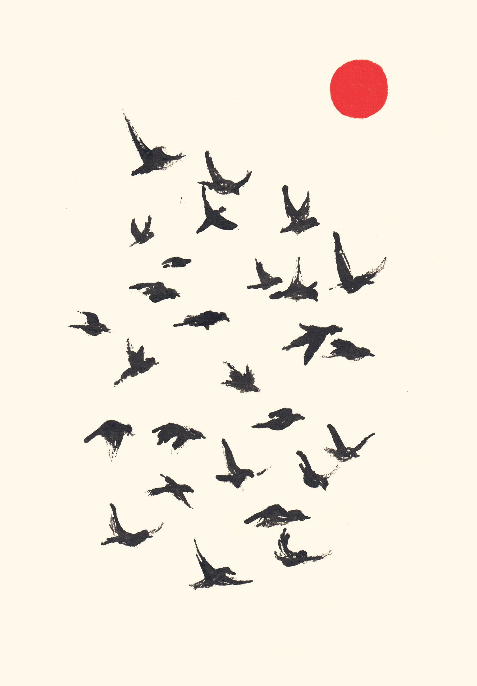 Une illustration de plusieurs oiseaux en vol, avec un soleil rouge en haut à droite
