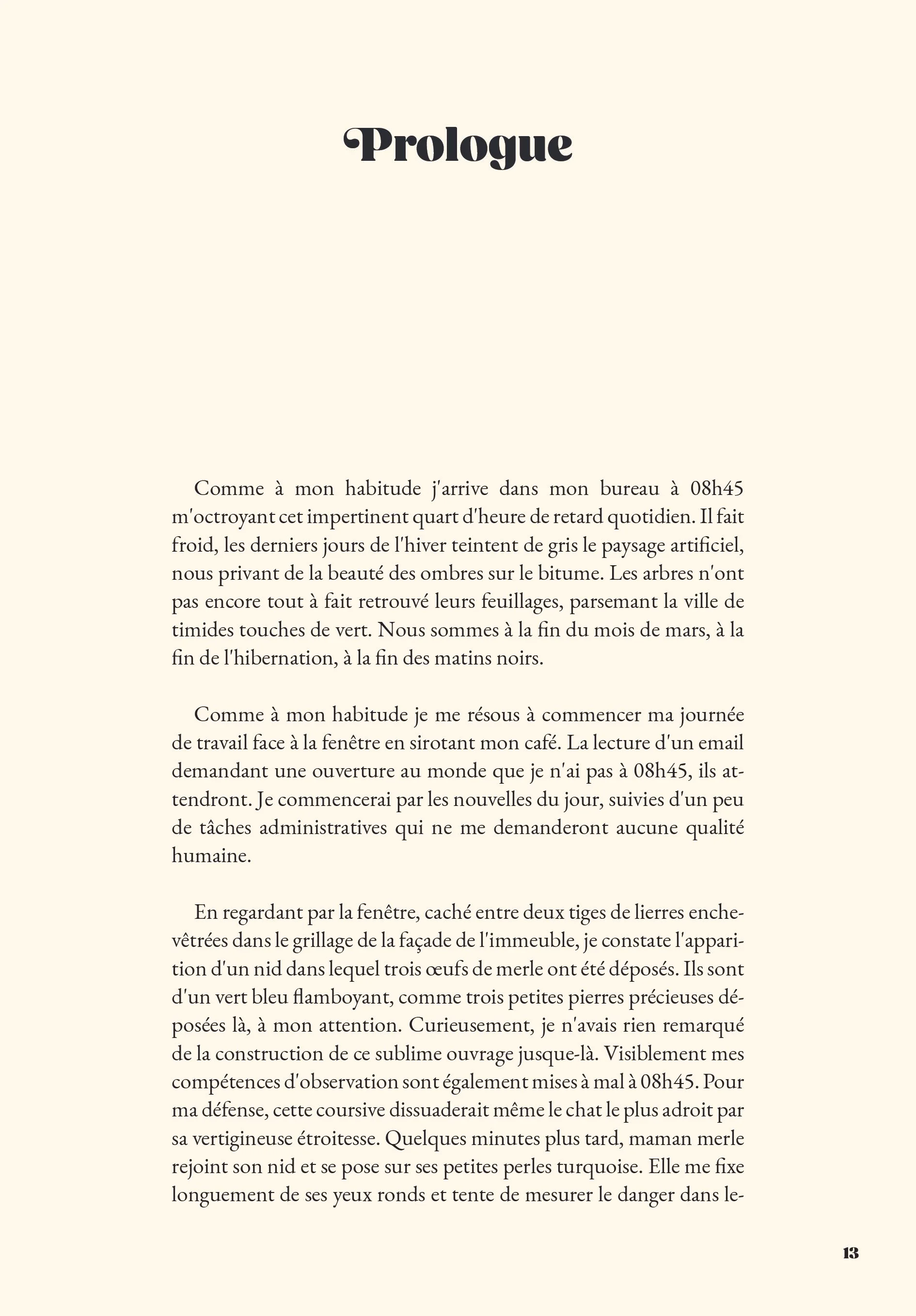 Page de livre avec le titre 'Prologue' en gros caractères et un texte en français en dessous, commençant par 'Comme à mon habitude j'arrive dans mon bureau à 08h45...'}