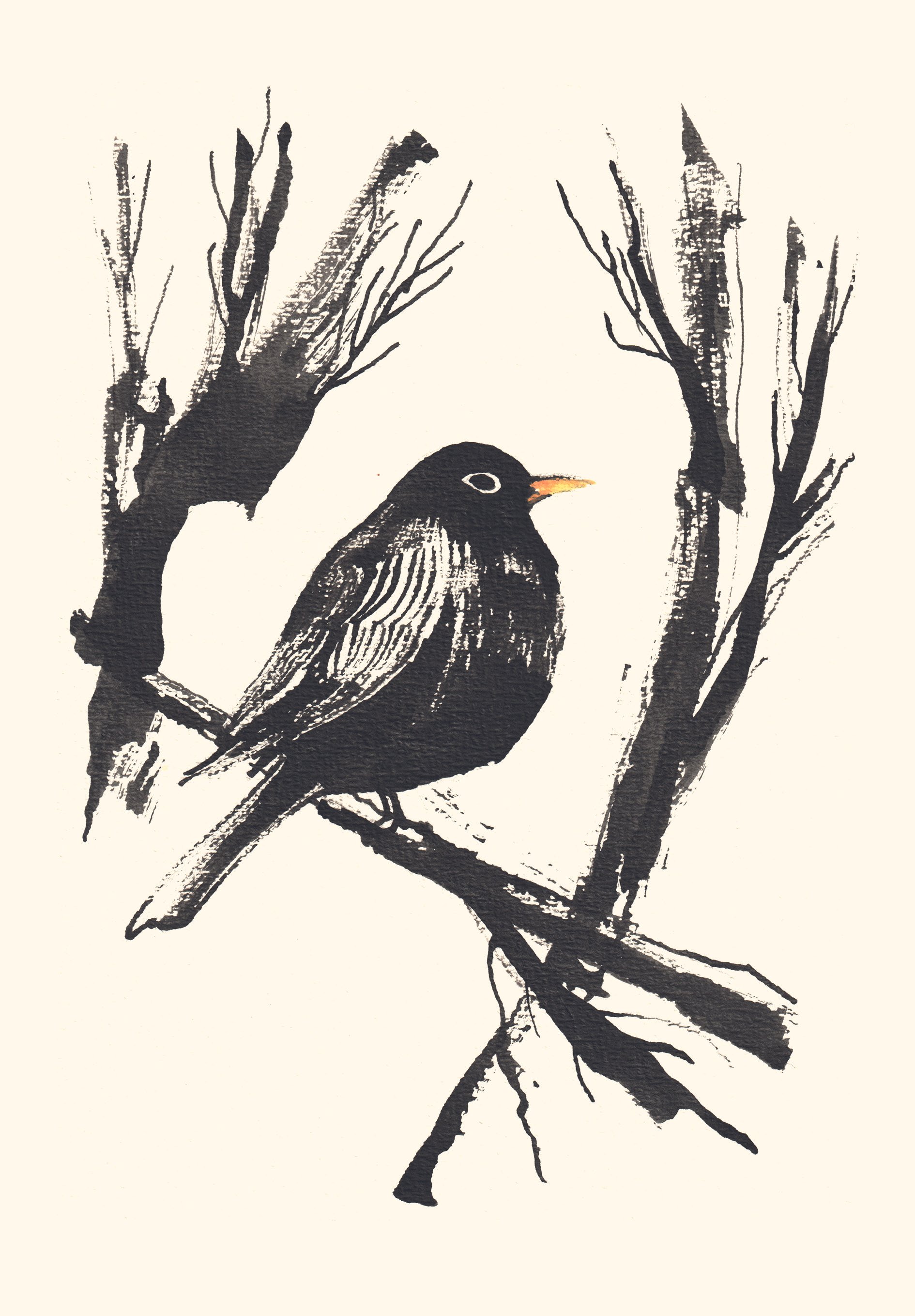 Illustration en style sombre d'un oiseau noir avec un bec orange, perché sur une branche, avec deux arbres dénudés en arrière-plan.