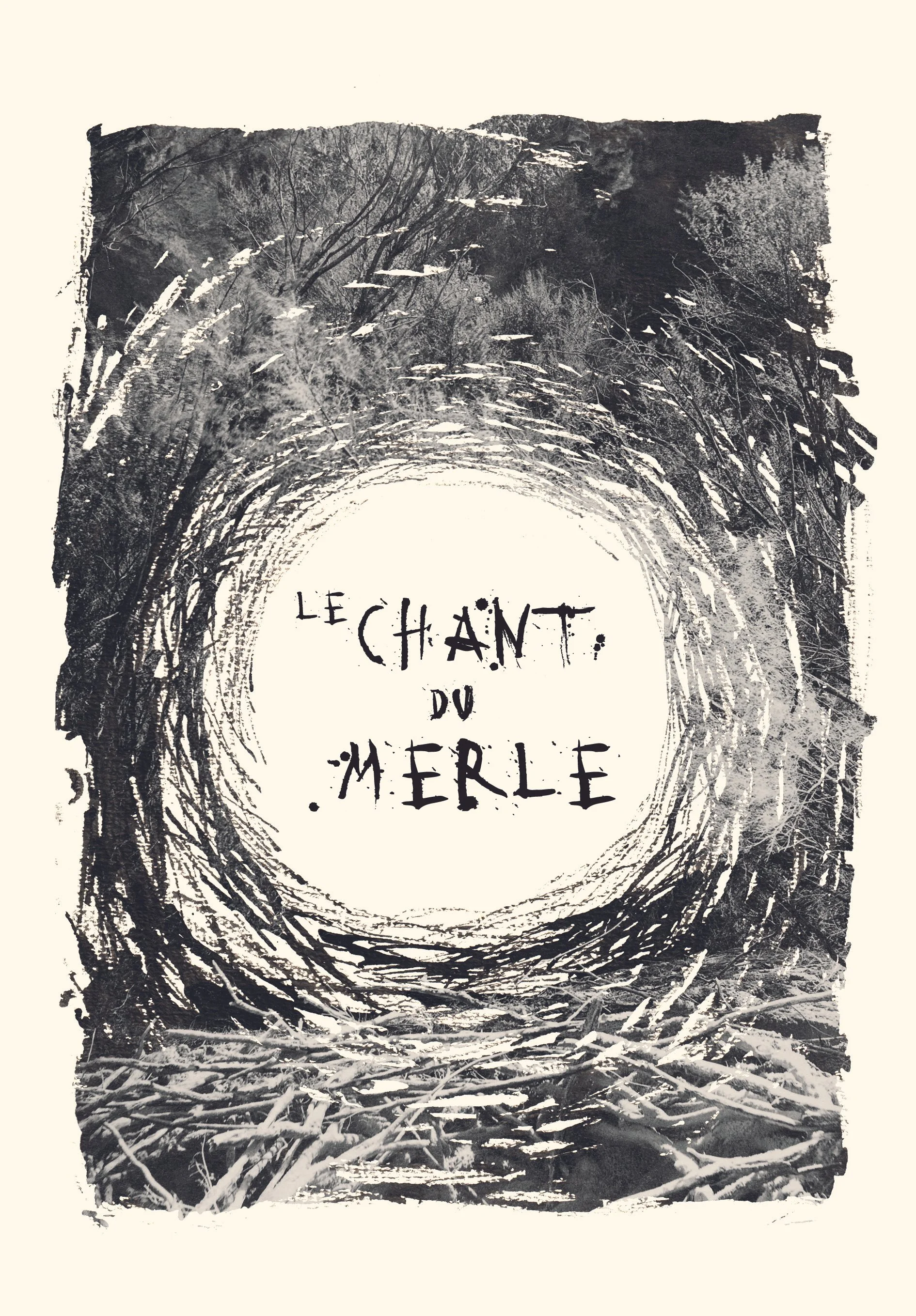 Une forêt enneigée vue de bas avec des branches recouvertes de neige. Le texte en français "Le chant du merle" est inscrit au centre de l'image.