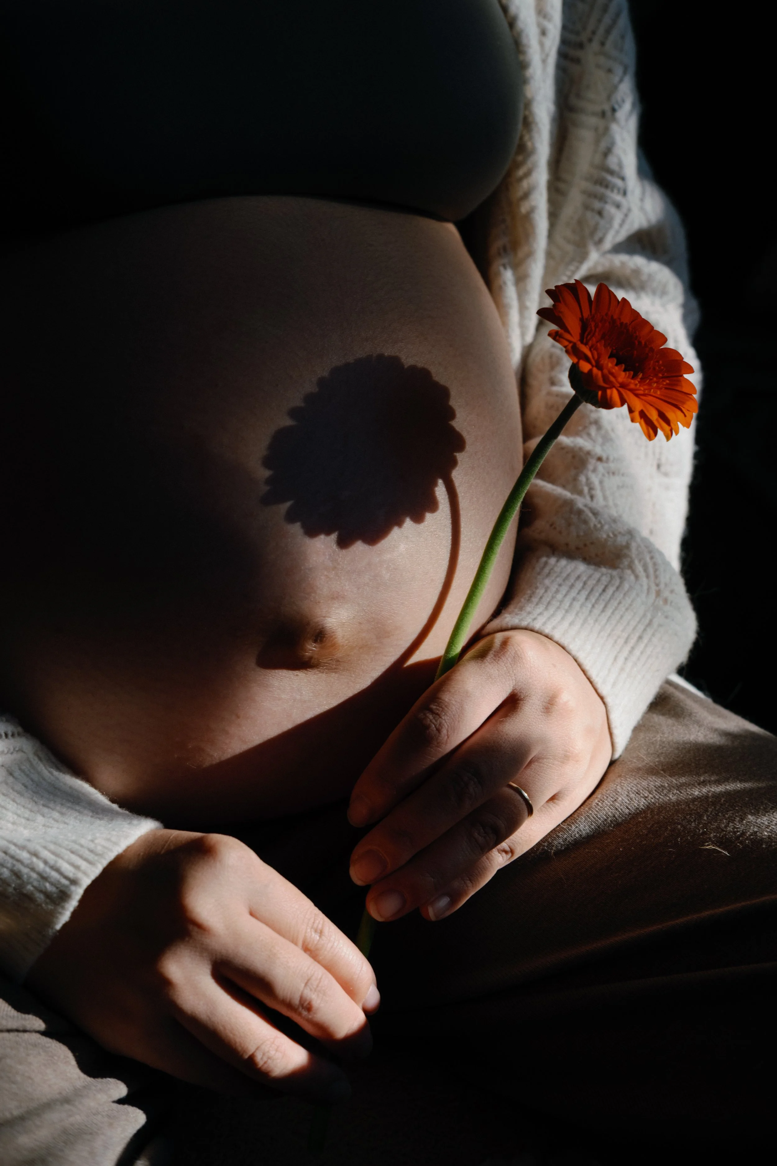 Une personne tenant une fleur orange, dont l'ombre est projetée sur leur abdomen nu, avec une main posée sur le ventre.