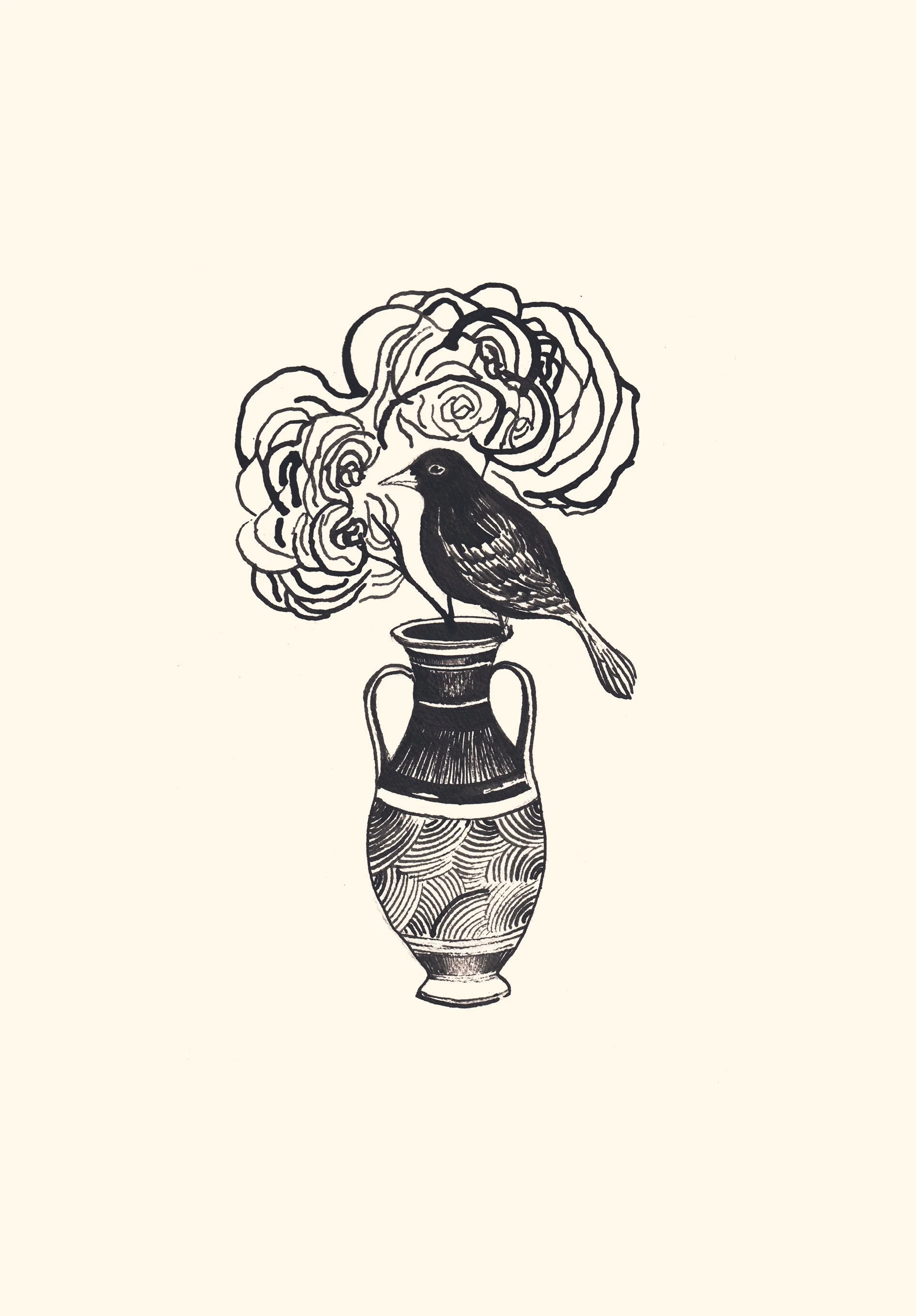 Dessin d'une vase contenant des roses et un oiseau noir perché dessus.