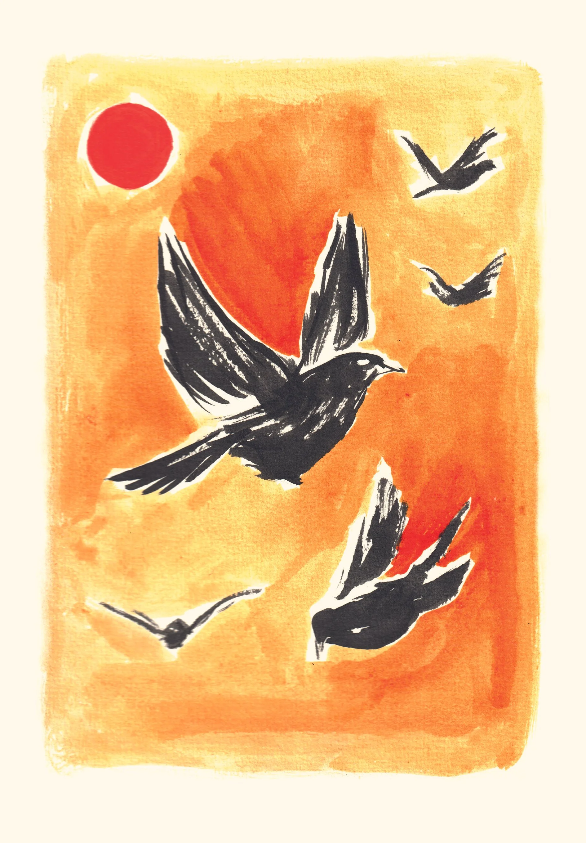 Peinture abstraite avec un fond orange, un soleil rouge à gauche, et des oiseaux noirs en vol.
