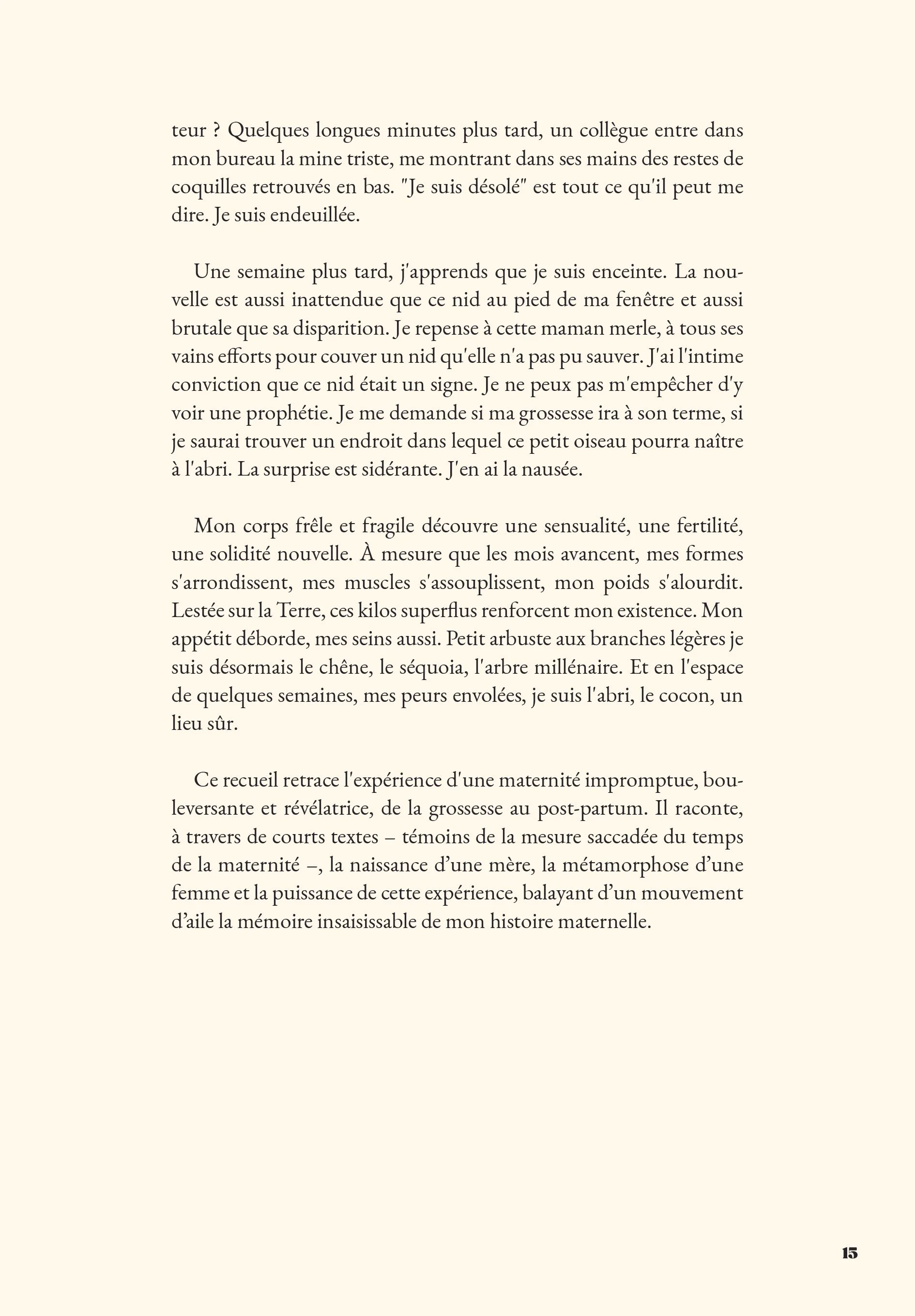 Page de texte en français d'un livre ou document, avec numéro de page 15 en bas à droite.