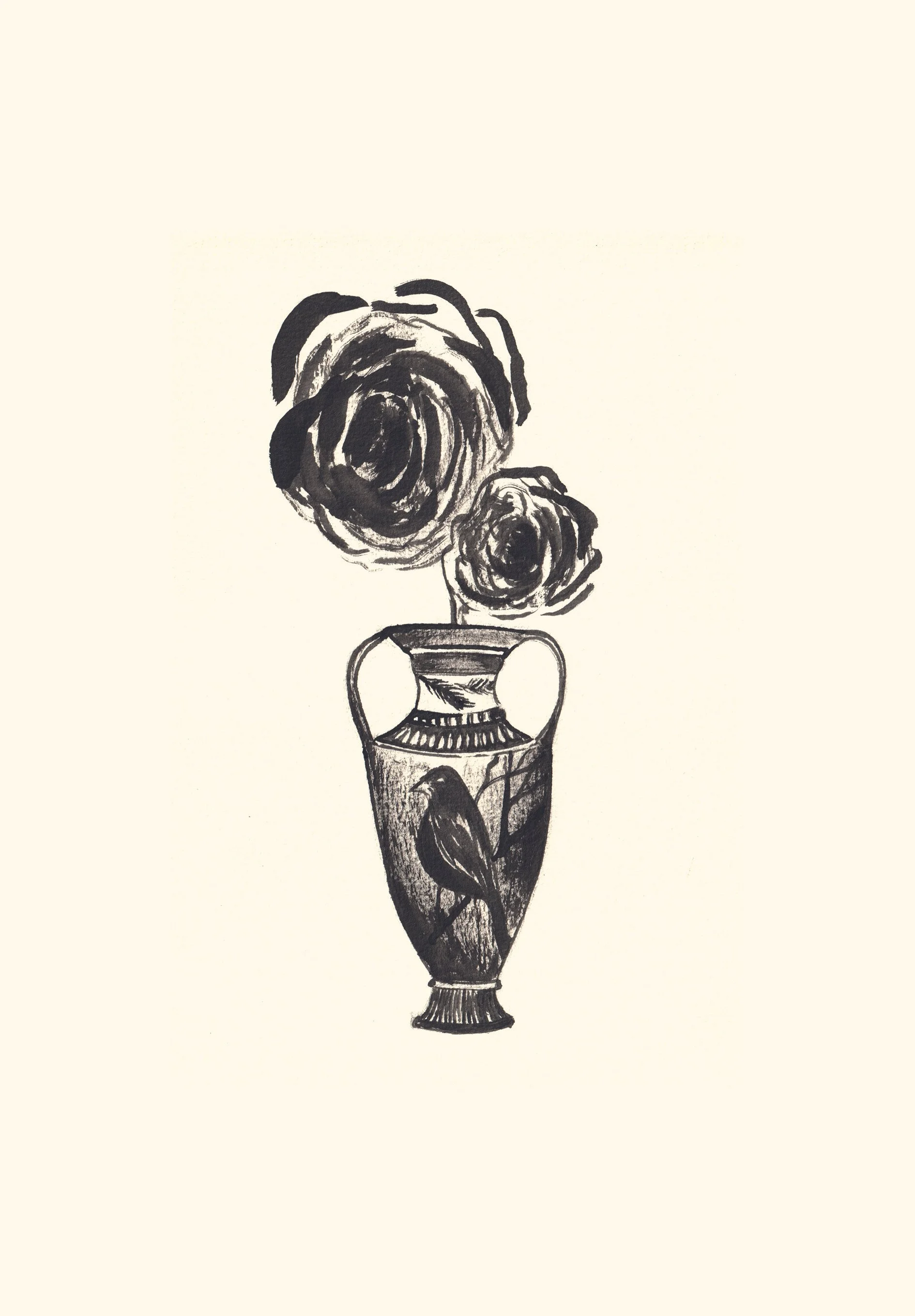 Un dessin à l'encre d'un vase contenant deux roses.
