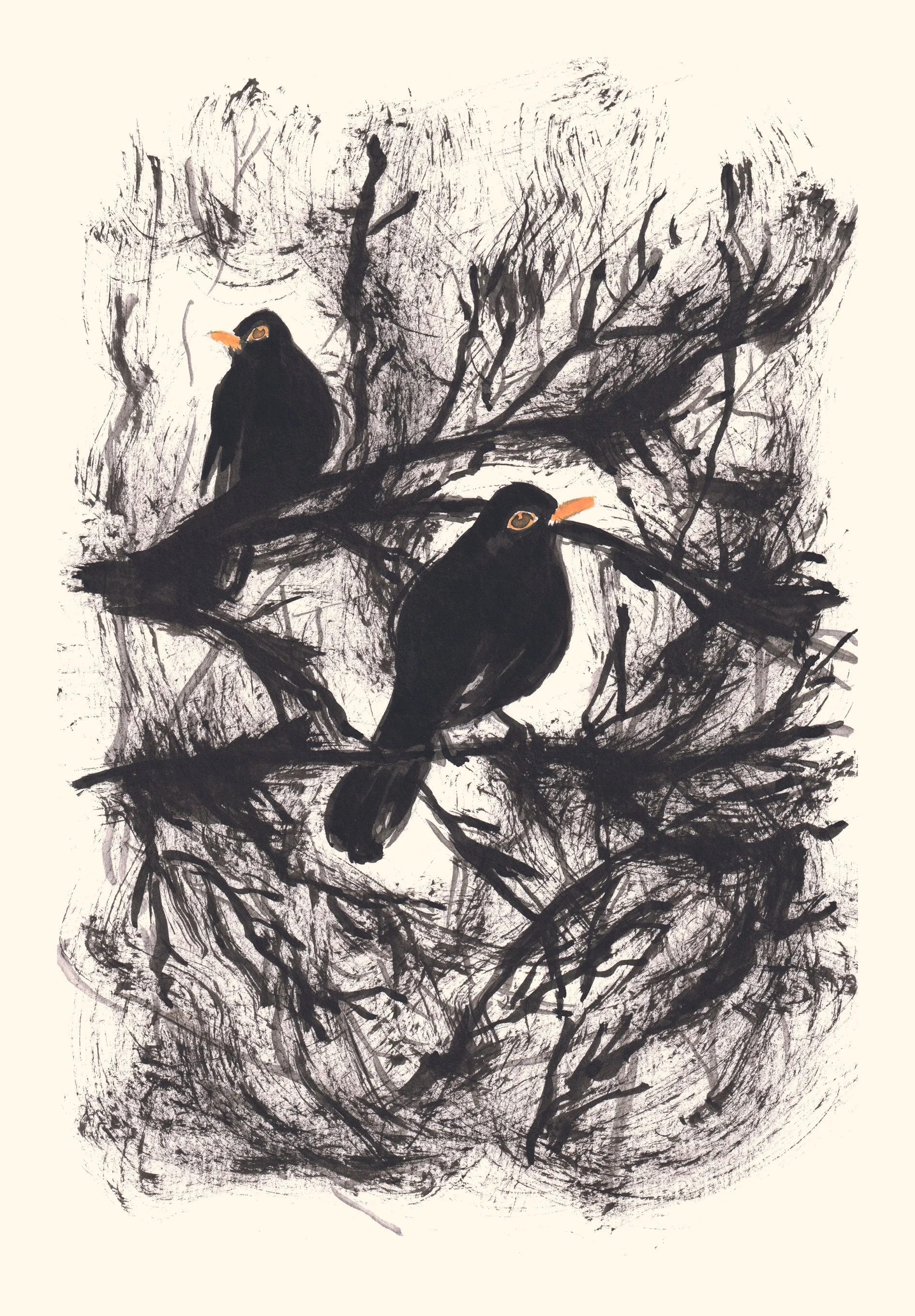 Illustration de trois merles noirs perchés sur des branches, avec un fond blanc et des traits noirs évoquant un arbre ou une nature abstraite.