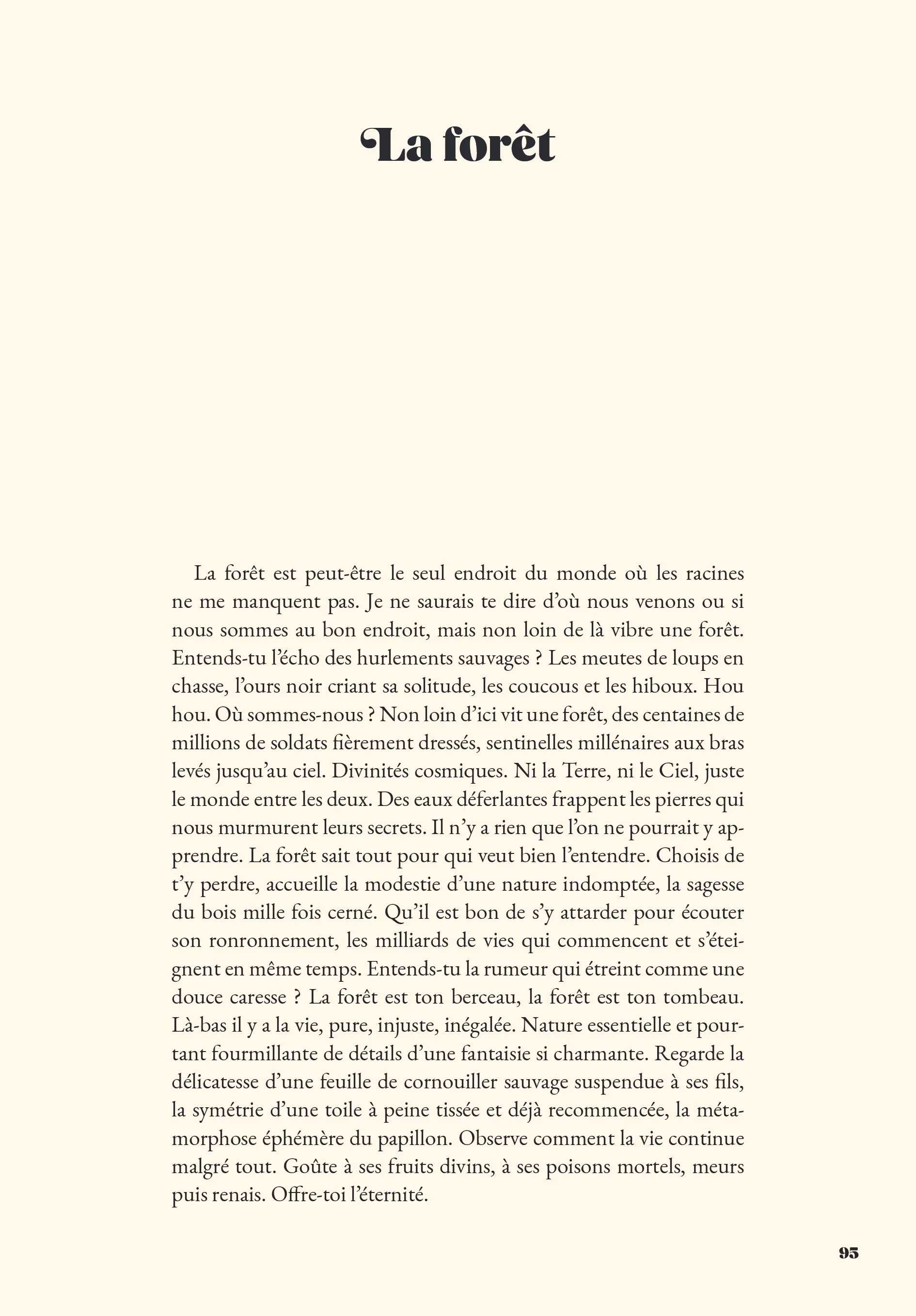 Page d'un livre avec un titre 'La forêt' et un texte en français.