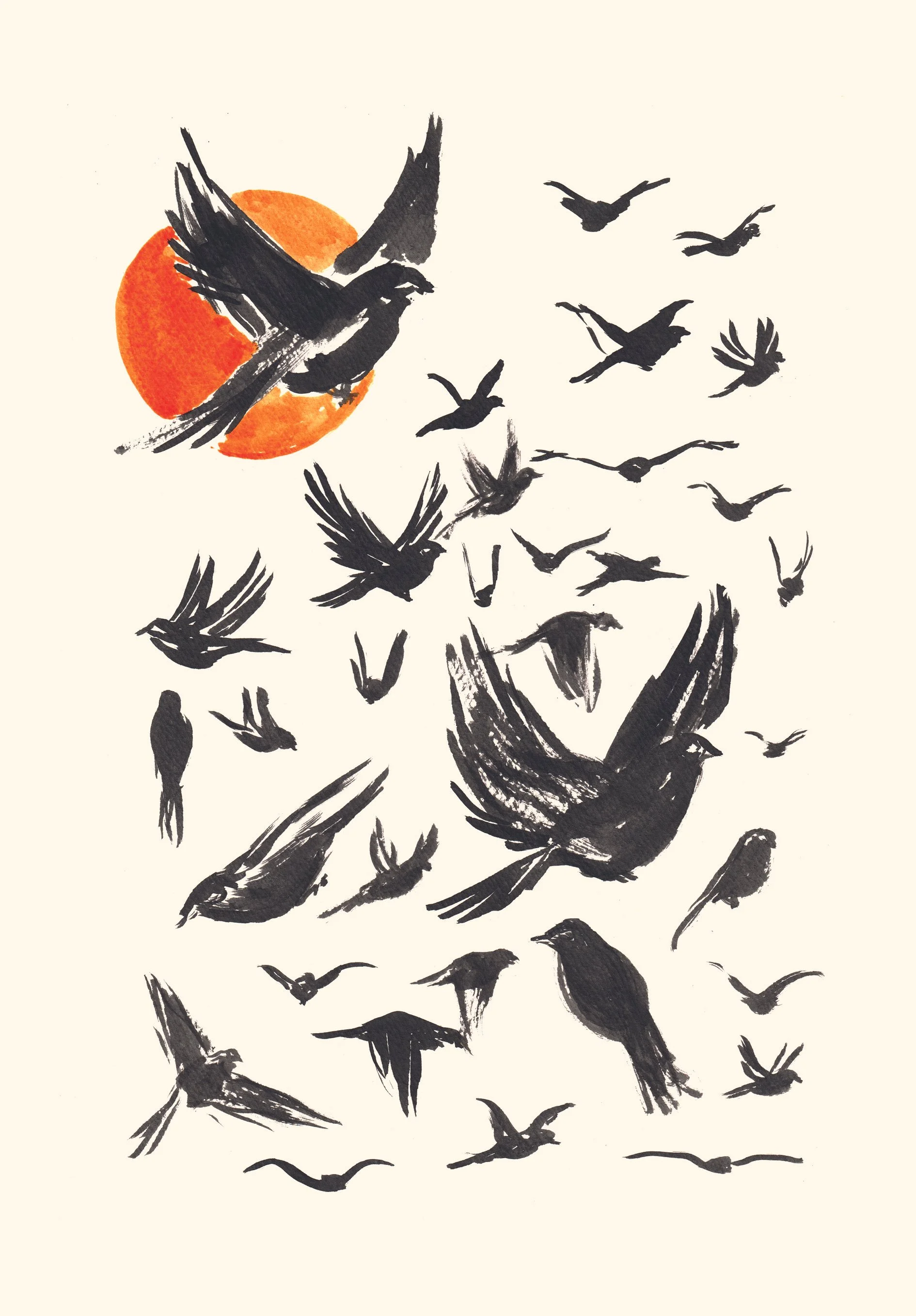 Une illustration de plusieurs oiseaux noirs en vol devant un fond clair, avec un cercle orange en arrière-plan.