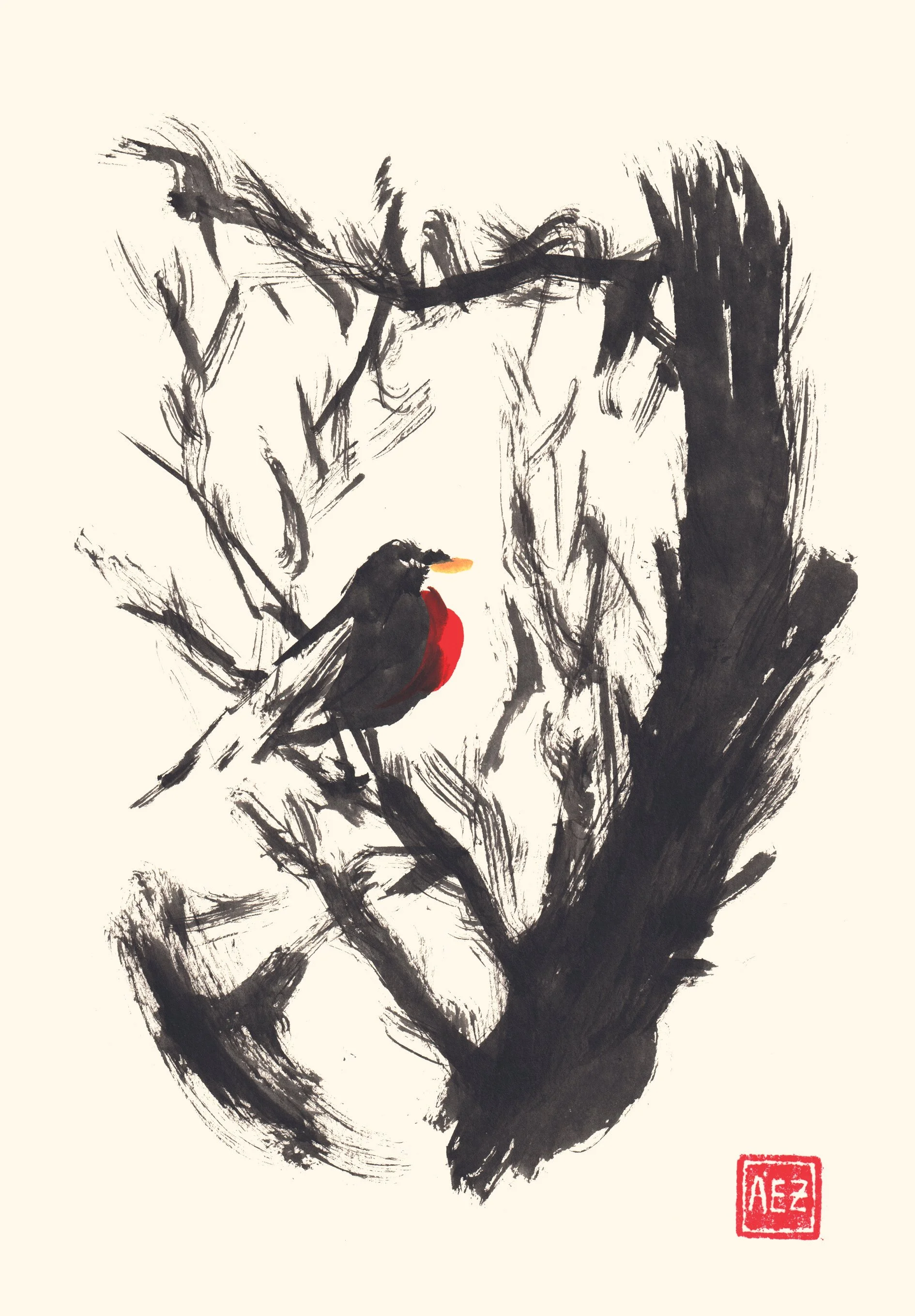 Une peinture traditionnelle en style sumi-e représentant une branche d'arbre avec un oiseau noir et rouge sur une branche. Un cachet rouge avec des caractères chinois est visible en bas à droite.