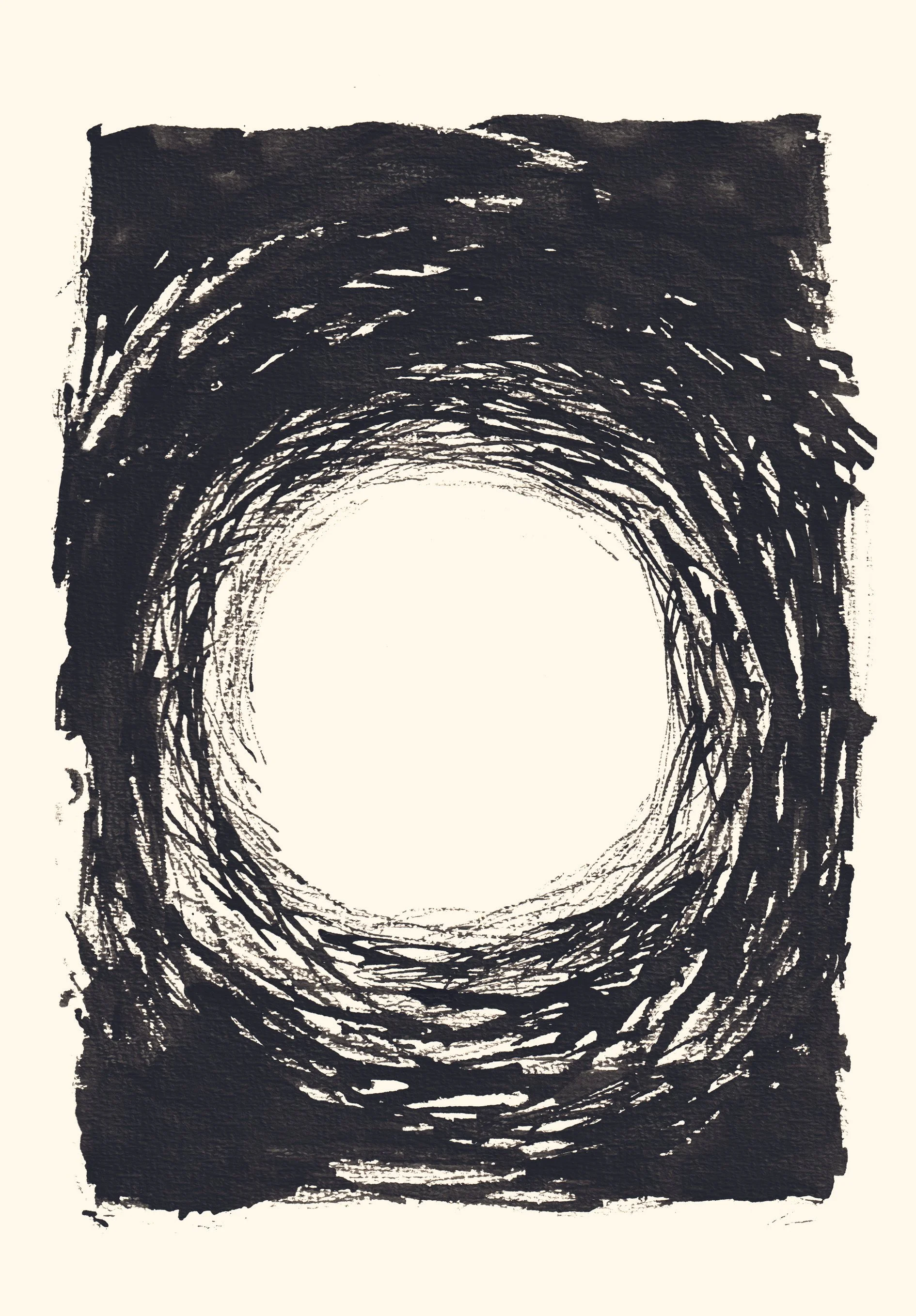 Un dessin abstrait représentant une forme circulaire ou un œil, réalisé avec des traits noirs irréguliers sur un fond blanc