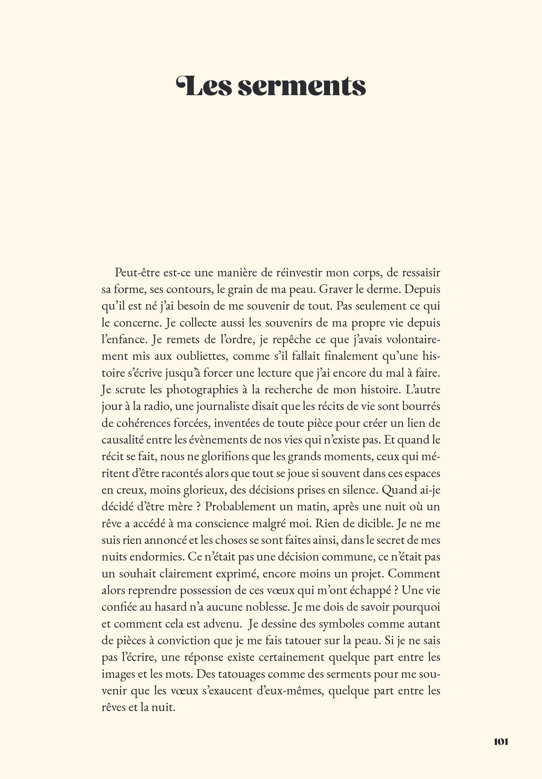 Page d'un livre avec le titre 'Les serments' en gras en haut, texte en paragraphes en français, numéro de page 101 en bas à droite.