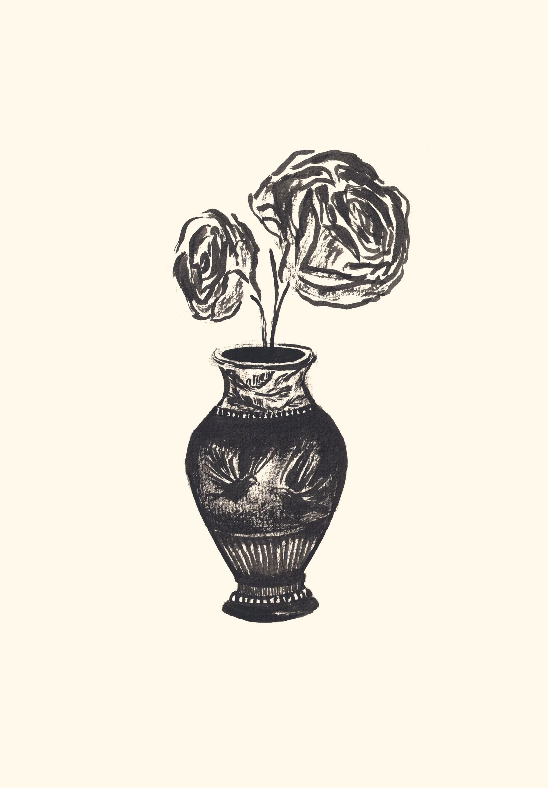 Dessin noir et blanc d'un vase avec deux roses.