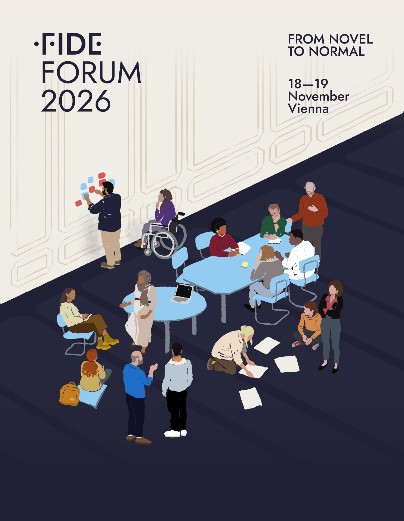 Illustration of a conference or seminar scene, with people gathered around tables and some standing, engaging in discussions and activities, with a large wall displaying the event information, including the text 'FIDE Forum 2026' and details of dates and location.