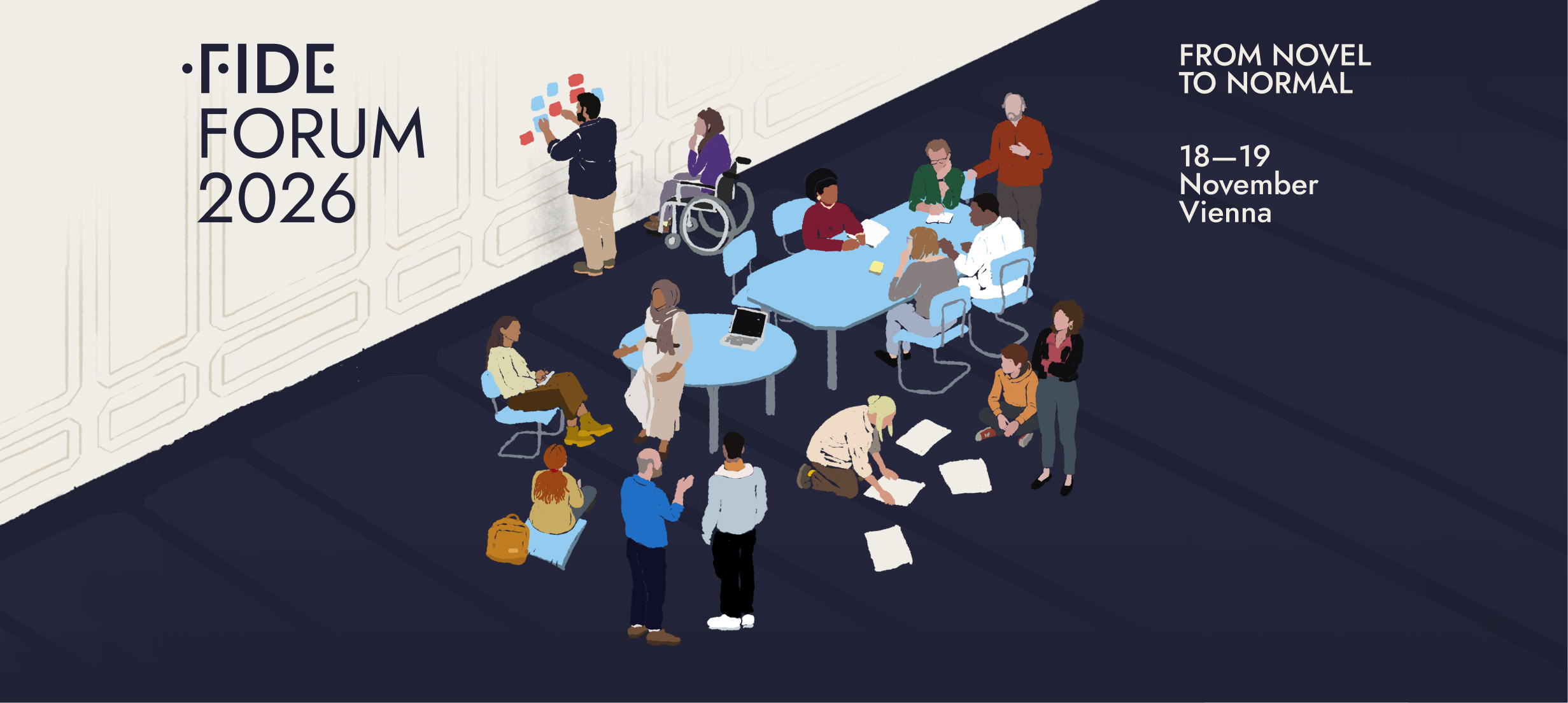FIDE Forum 2026 conference poster: it features an illustration of a diverse group of citizens deliberating in an institutional building