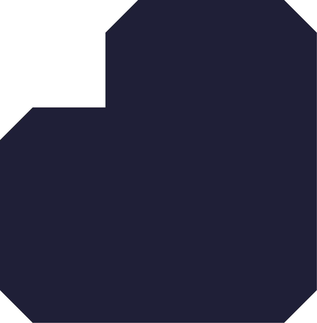Dark blue octagonal background with a stylized, angular, dark blue envelope icon.