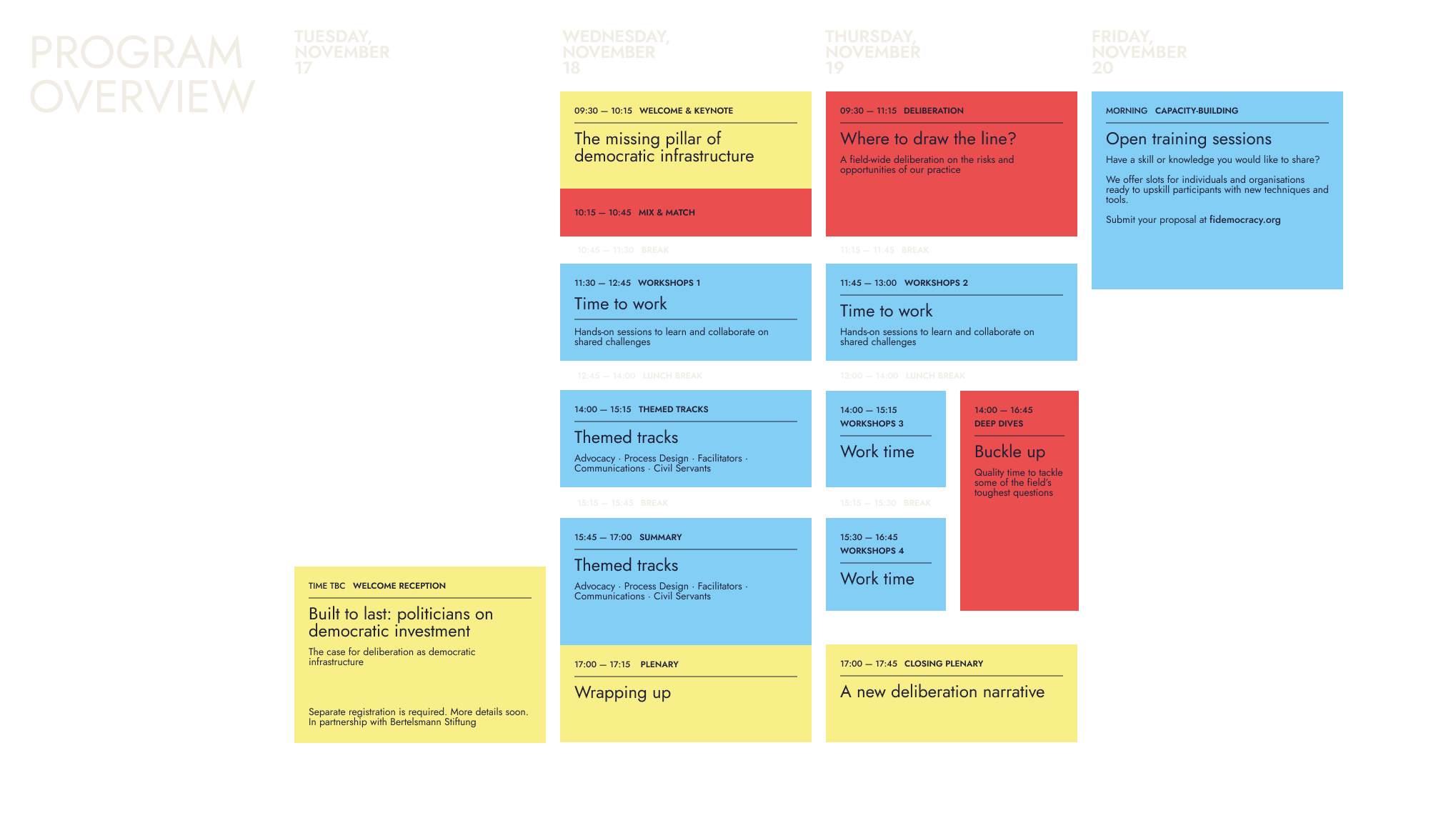 Detailed program schedule for an event from Tuesday, November 17 to Friday, November 20, including keynote speeches, workshops, breaks, panels, and plenary sessions, with color-coded segments for different session types.