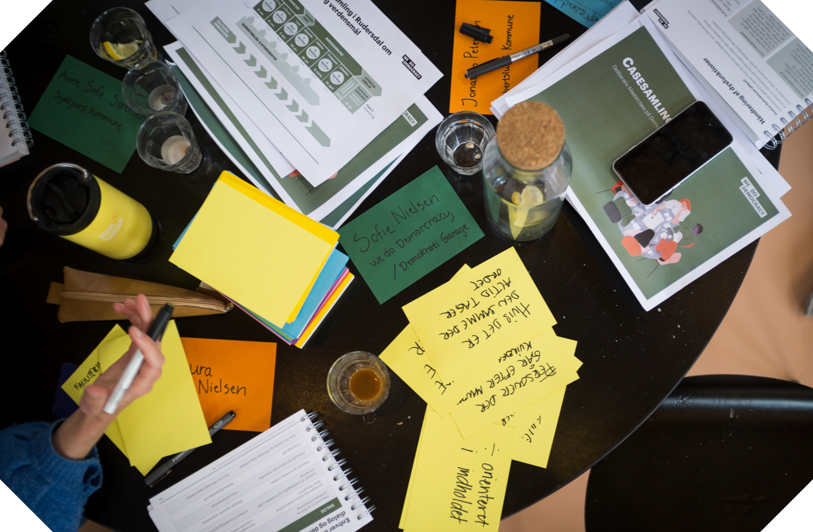 Round table with papers, markers and sticky notes to aid in deliberation.