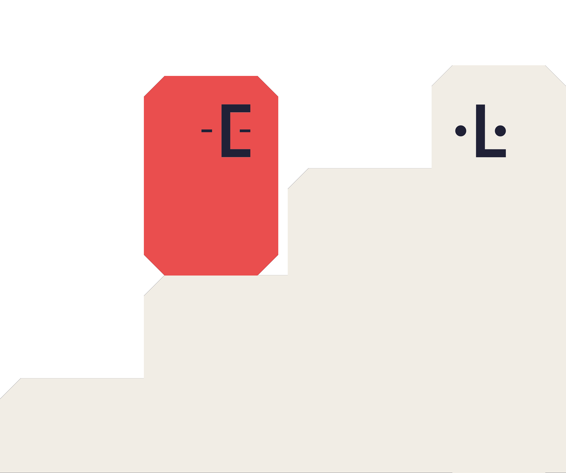 Illustration of a red shape with an animated face jumping on the step of a beige shape in the form of a stair. The stair also has a face that is animated, the two shape together symbolise a constant learning.